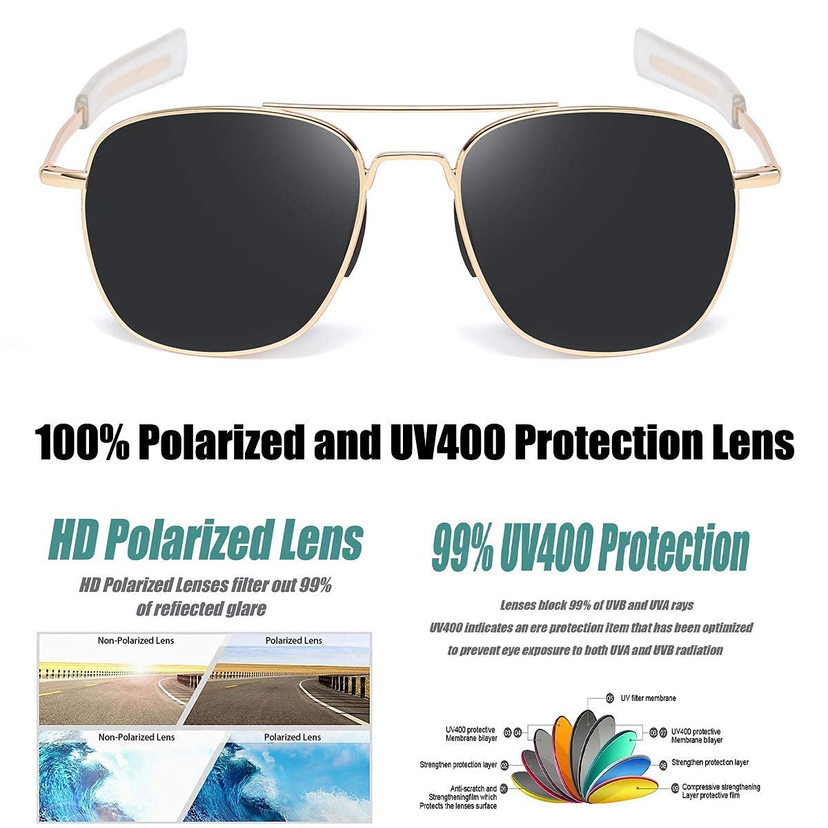 Men's Aviator Sunglasses - Polarized Military Pilot Glasses with Bayonet Temples for Driving, Outdoor Sports & Fashion