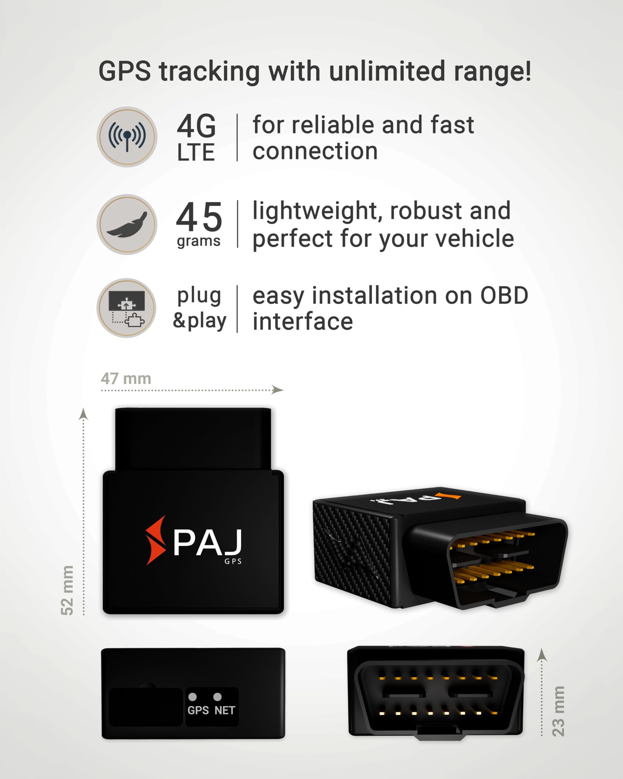 PAJ GPS OBD II Tracker - 4G LTE Real-Time Vehicle Tracking Device for Cars & Trucks with Speed Monitoring & Geo-Fence Alerts | OBD2 Plug Power | Perfect for Fleet Management, Teen Driver Safety & Anti-Theft Protection