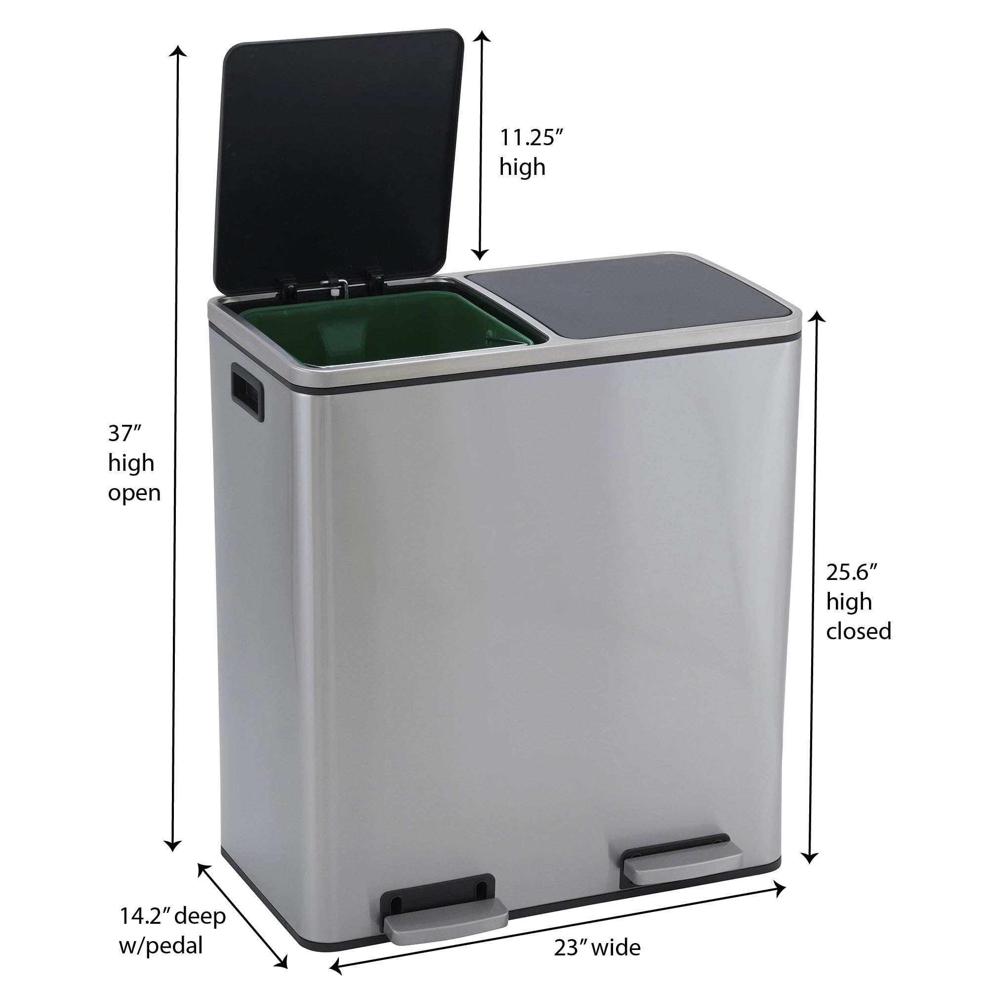 Stainless Steel Dual Compartment Trash Can with Soft Close Lids | 2 x 30L/8Gallon Recycling Bins, 60L Total Capacity, Silver | Perfect for Kitchen, Office, Restaurant Waste Separation