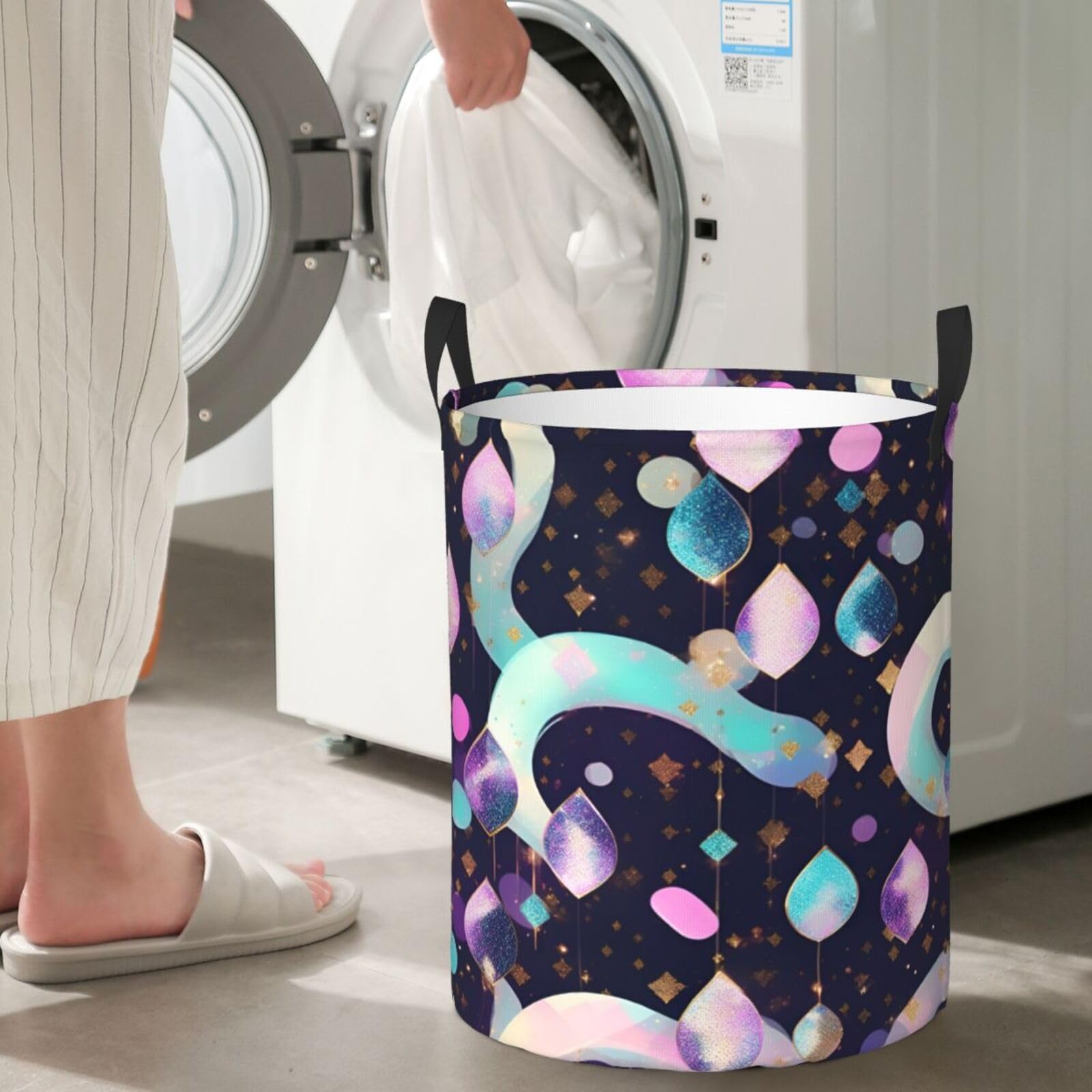 Sparkly Round Laundry Hamper with Stylish Print - Perfect for Storing Clothes, Toys & Books | Ideal for Bedroom, Nursery & Dorm Organization