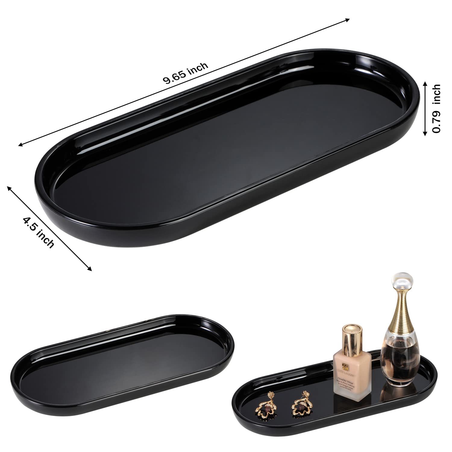 SheeChung Acrylic Vanity Tray Set - 2 Pack Bathroom Countertop Organizer for Jewelry, Makeup & Essentials | Durable Storage Tray for Sink, Cabinet, Vanity & Closet Organization (Black) - Perfect for Home, Hotel & Spa Decor