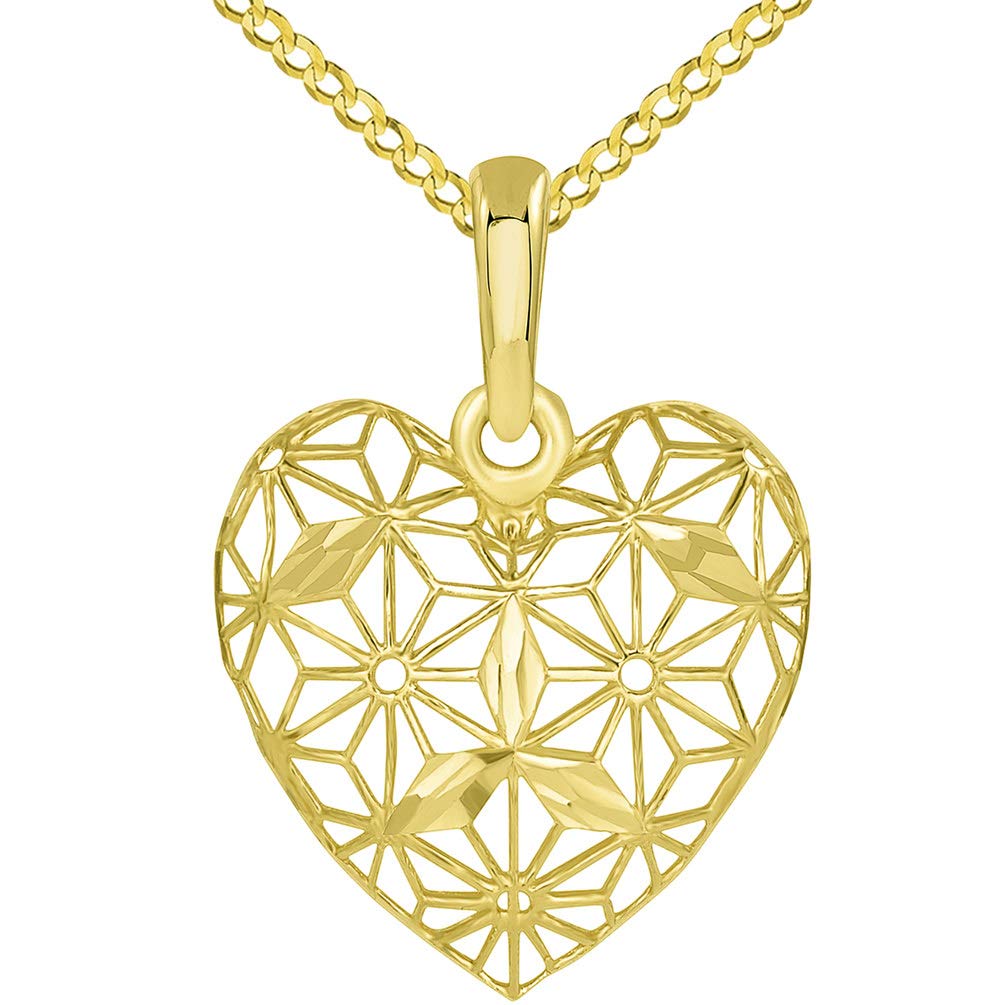 14K Yellow Gold 3D Heart Charm Pendant Necklace for Women - Elegant Filigree Cuban Chain Jewelry Gift for Valentine's Day, Anniversary & Special Occasions