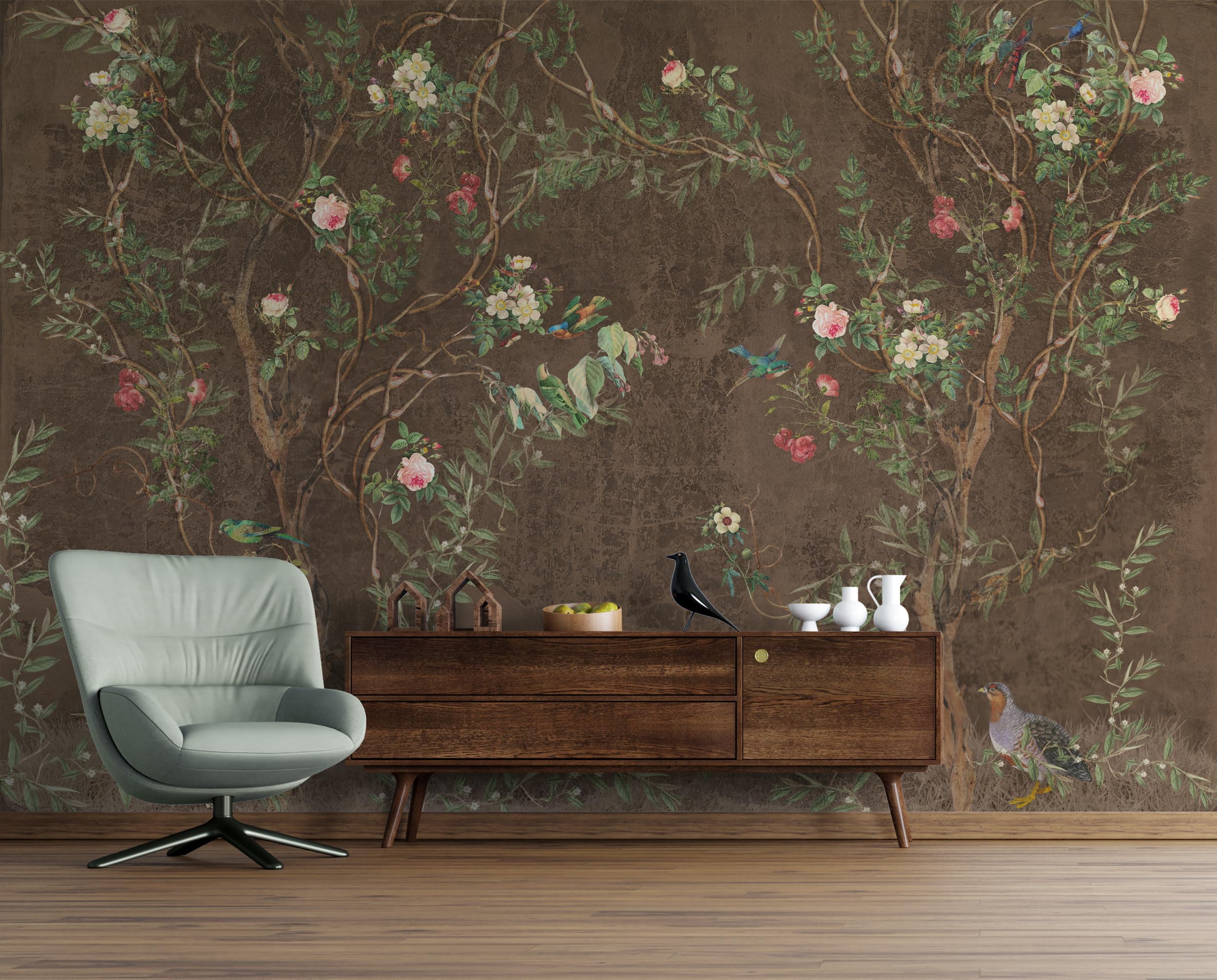 Chinoiserie Floral Bird Wallpaper - Brown Background Peel and Stick Removable Wallpaper - 67