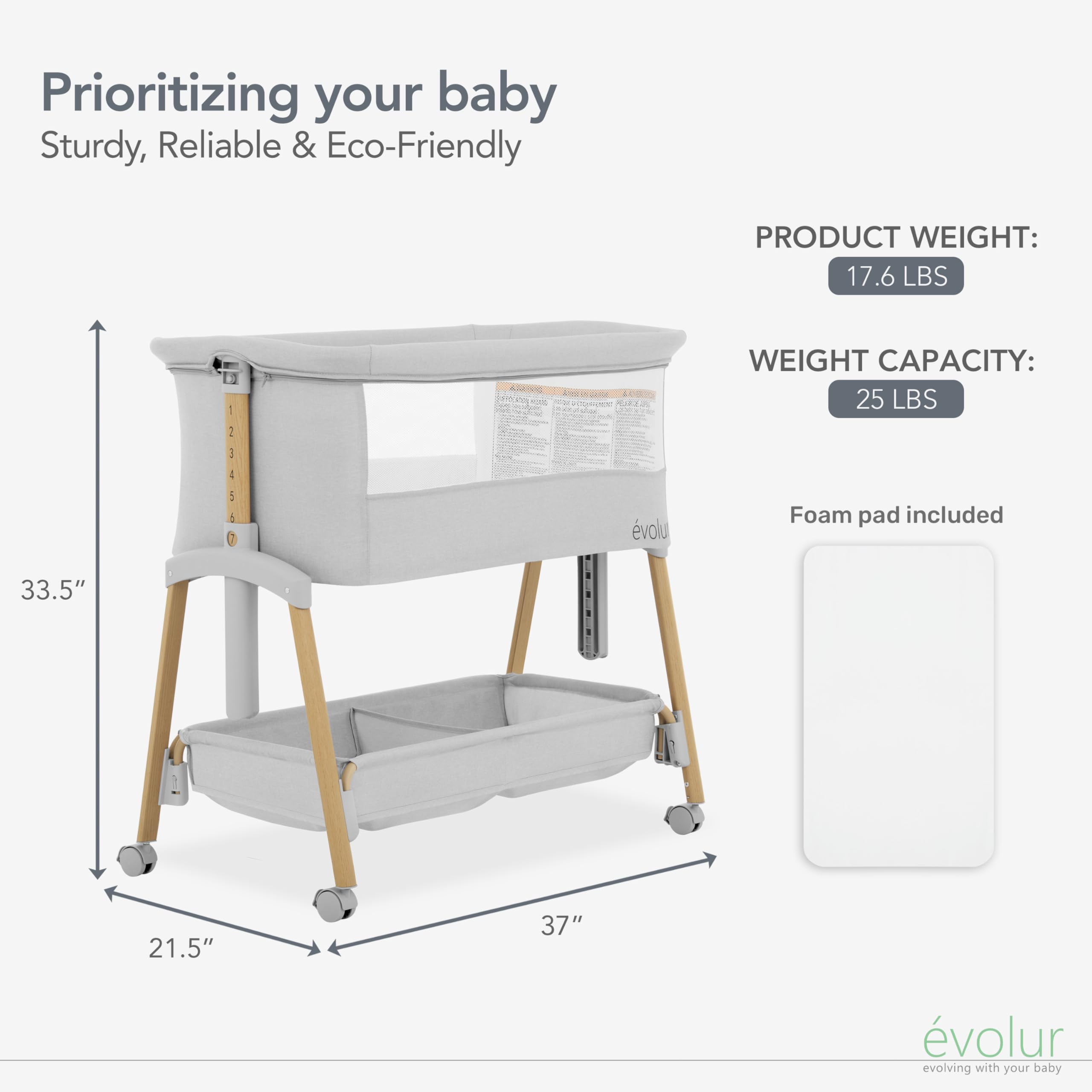 Evolur Lullaby Portable Baby Bassinet with Wheels - 7 Adjustable Heights, Breathable Mesh Sides, Large Storage Basket - Easy Fold & Carry for Travel - Perfect for Nursery, Bedroom & On-the-Go Parents (Includes Travel Bag)