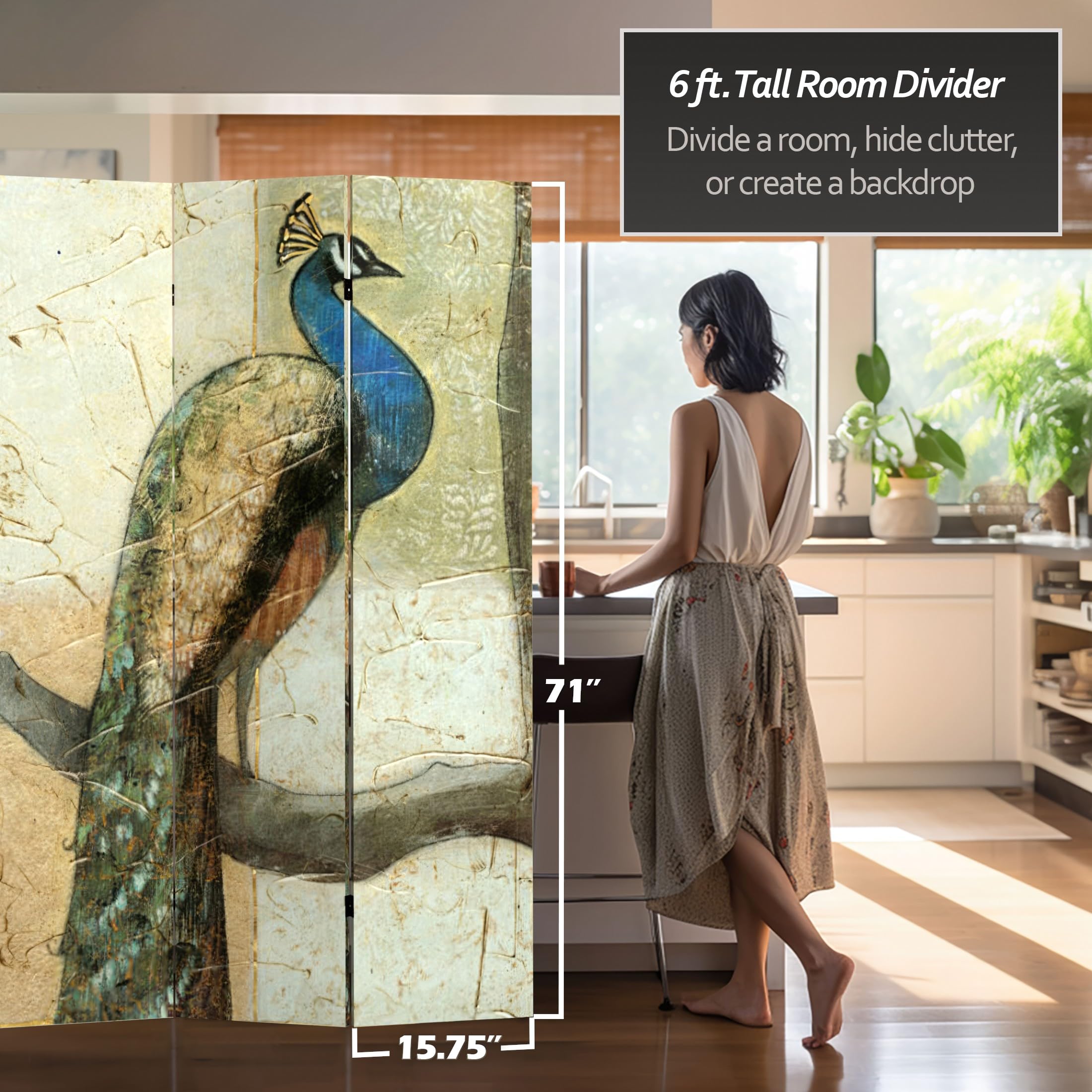 6 ft. Tall Double Sided Peacock Canvas Room Divider - Handmade Beige Folding Screen for Home Decor, Office Partition & Wedding Backdrop | Traditional Chinese Red Lantern Design