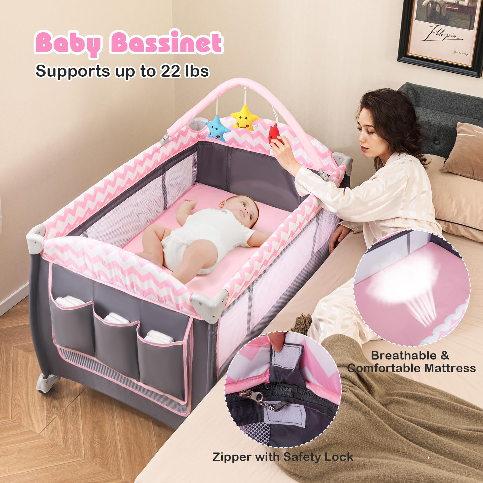 BABY JOY 4-in-1 Portable Playard with Bassinet, Changing Table & Toy Bar - Side Zipper Door, Lockable Wheels & Carry Bag - Indoor, Outdoor & Travel Nursery Center for Babies & Toddlers - Perfect for Home, Travel & Playtime