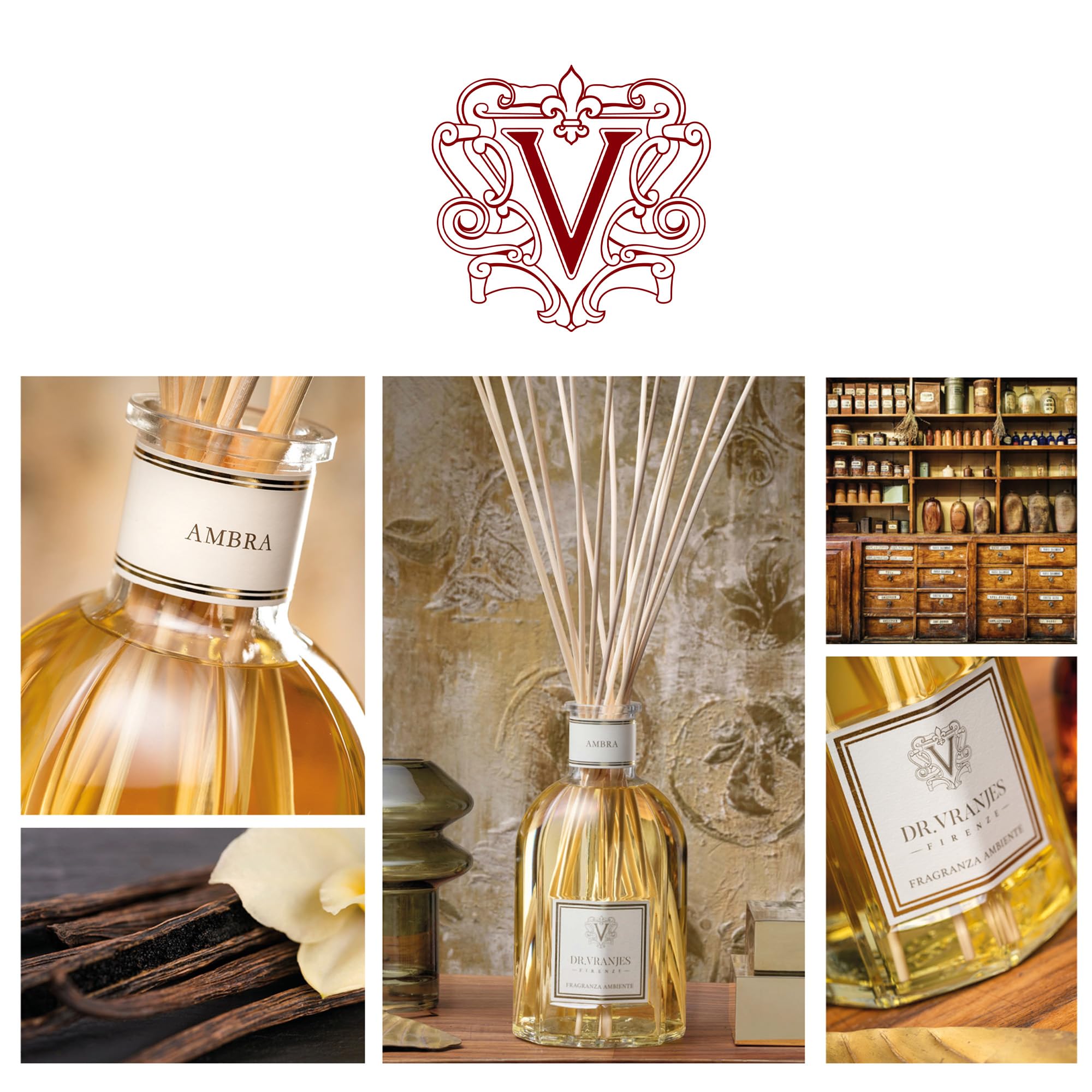Dr. Vranjes Ambra 1250ml Premium Reed Diffuser Set with 3 White Rattan Sticks - Italian Luxury Home Fragrance, Oriental Scent with Amber, Patchouli & Sandalwood Notes - Perfect for Living Room, Bedroom & Office Decor