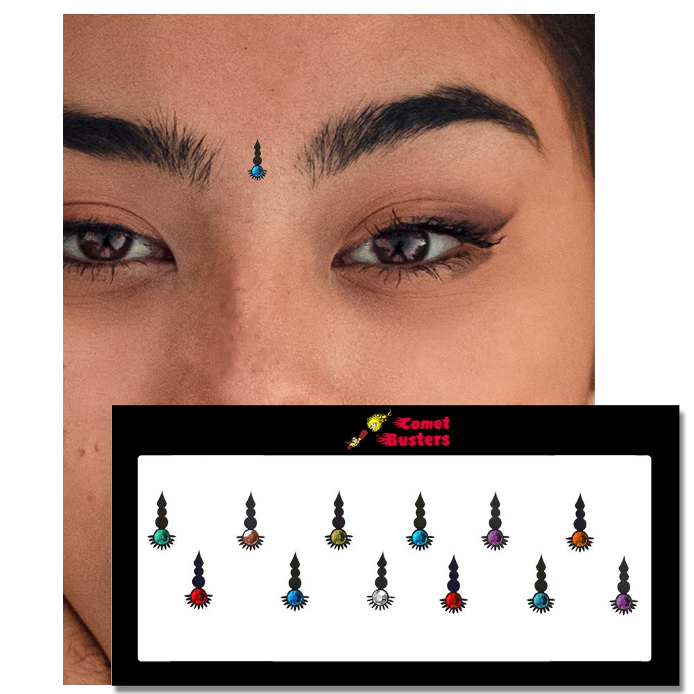 Comet Busters Stunning Black Bindi with Multicolor Stones - 15mm Indian Forehead Jewelry (BIN308) | Perfect for Weddings, Festivals & Cultural Events