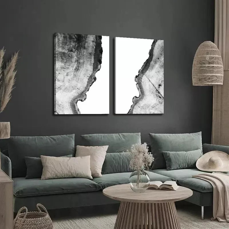 2pcs Modern Nordic Tree Rings Abstract Canvas Wall Art - Elegant Black & White Framed Print 50x75cm | High Quality 100% Australian Made | Ready to Hang | Perfect for Living Room, Bedroom & Office Decor