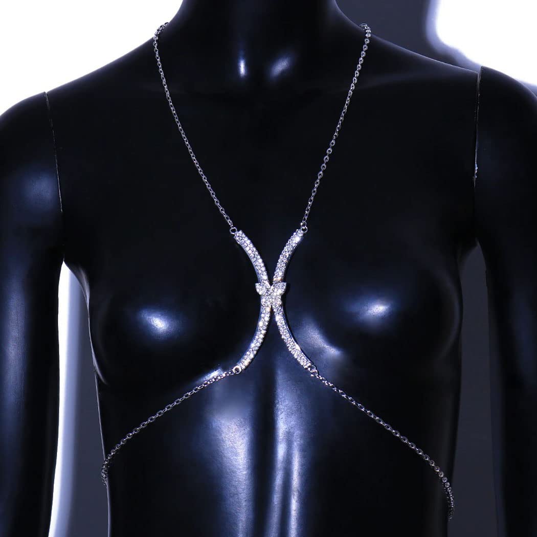 Sparkling Rhinestone Body Chains for Women - Silver Bikini Chest Jewelry, Crystal Bra Chain Accessories for Parties, Beach & Festivals | Perfect for Bachelorette, Music Festivals & Nightclub Outfits