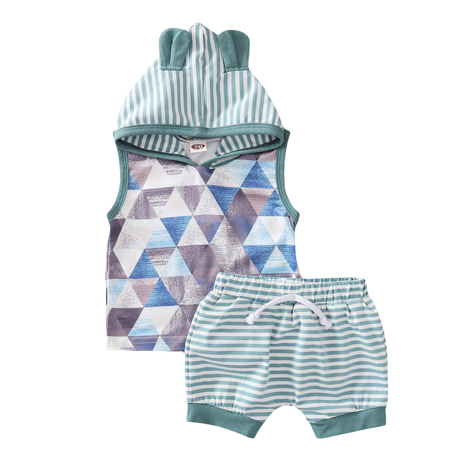 Jinjin 3-Month Baby Girl & Boy Clothes Set - Geometric Print Sleeveless Hoodie Top + Shorts Outfit in Mint Green | Soft Cotton Sportswear for Infants | Perfect for Playtime, Photo Shoots & Casual Outings