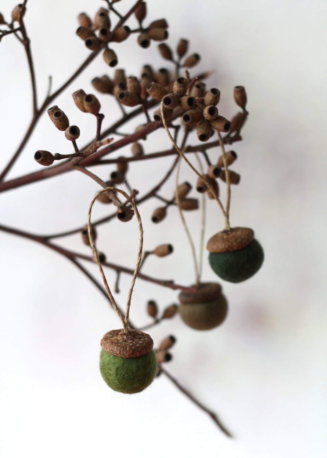 Handmade Felted Acorn Ornaments - Set of 10 Natural Pine Green Fall Decorations for Christmas Tree, Holiday Home Decor, and Seasonal Gift Giving