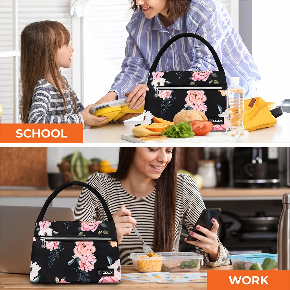 Insulated Lunch Bag for Women & Girls - Reusable Cooler Tote for Work, School, Travel & Picnic - Fits 11 Cans - Floral Rose Design Lunch Box for Adults - Perfect for Office, Hiking and Daily Commute