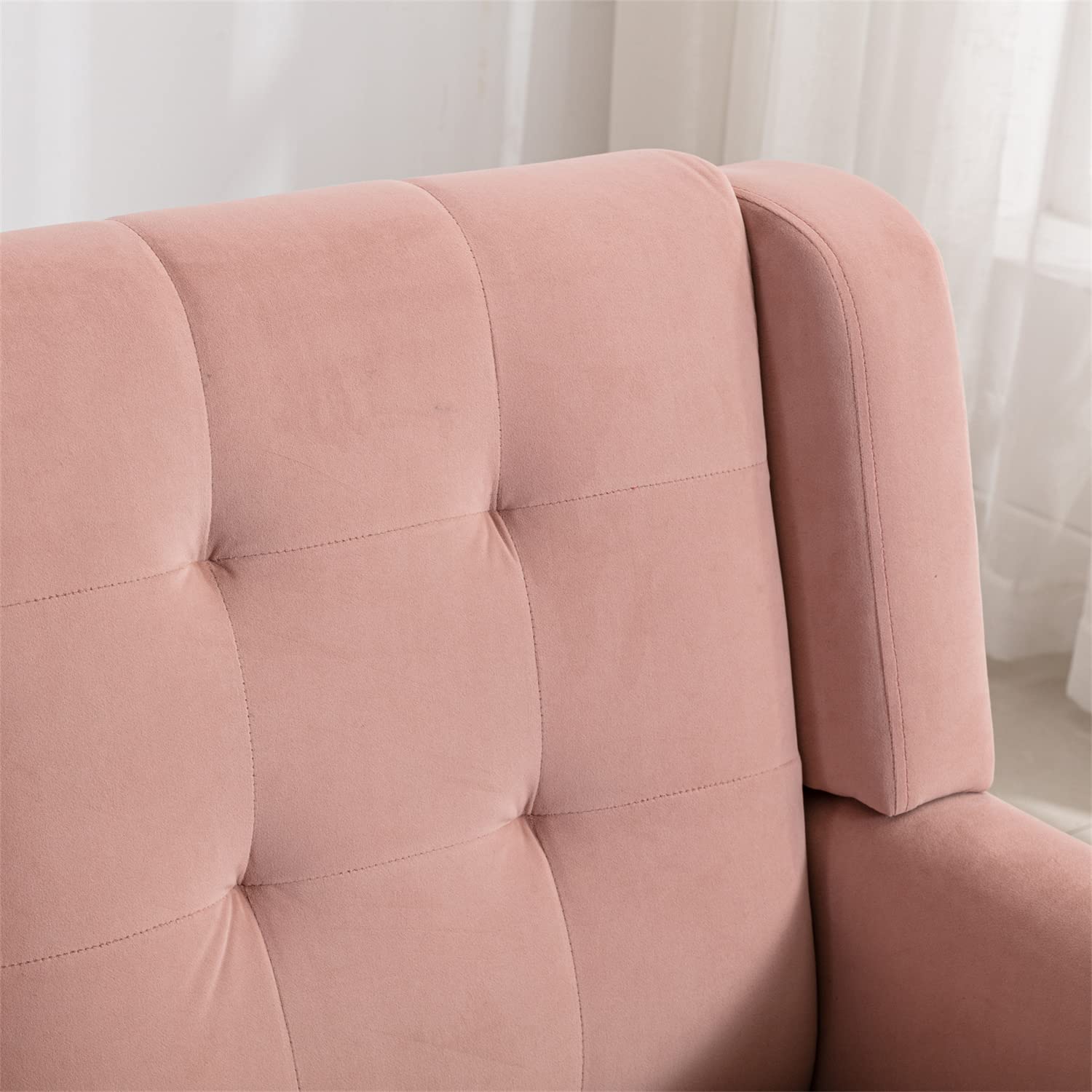 Luxury Velvet Accent Chair - Ergonomic Tufted Upholstered Armchair with Padded Cushions & Solid Wood Legs - Pink Comfort Sofa for Living Room, Bedroom, Lounge or Home Office - Perfect Reading Chair & Cozy Seating for Small Spaces