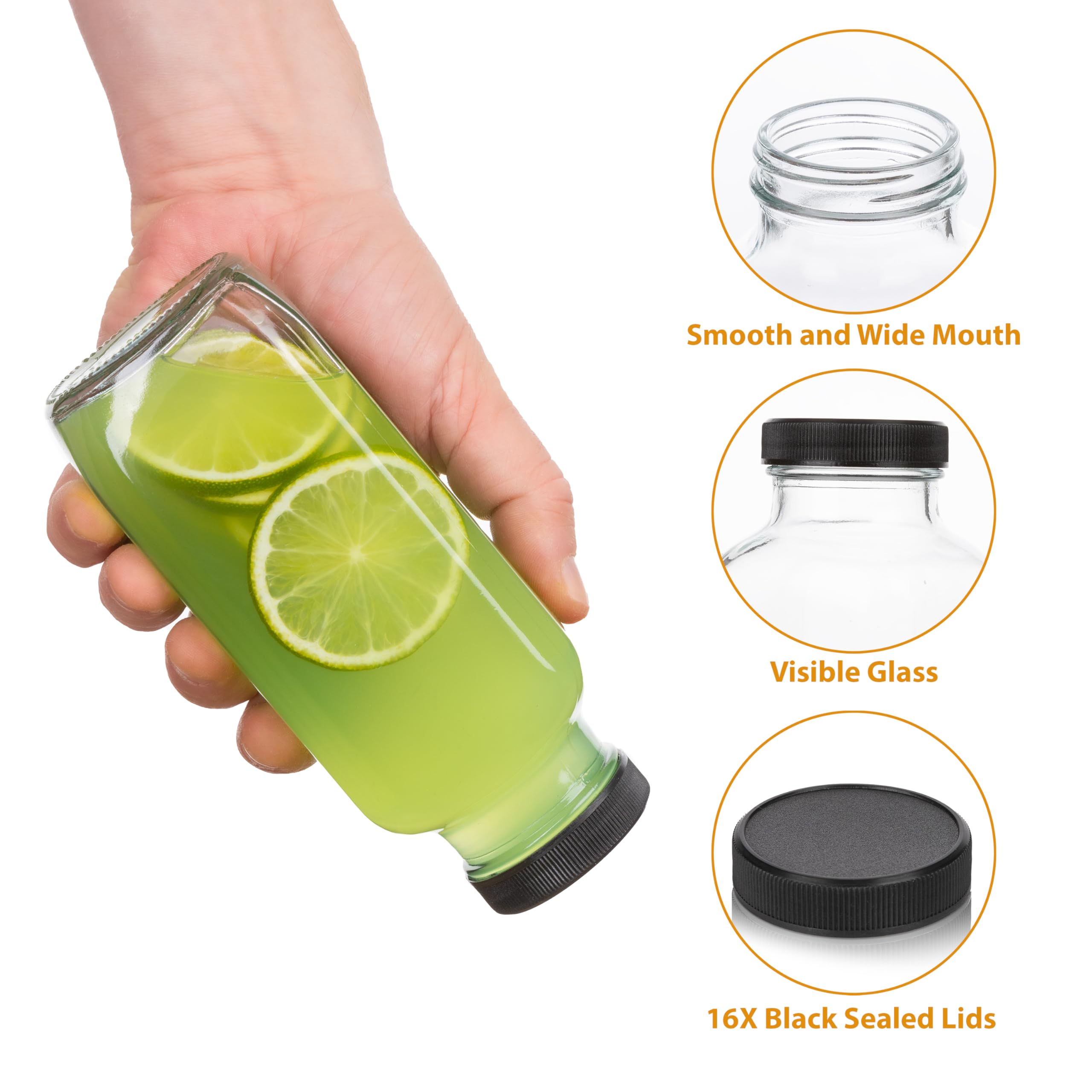 **16 Oz Clear Glass Juice Bottles with Lids - Set of 8 Reusable Drink Containers for Juicing, Smoothies, Water, Milk, Kombucha & Wellness Shots - Perfect for Home, Office & On-the-Go Hydration**