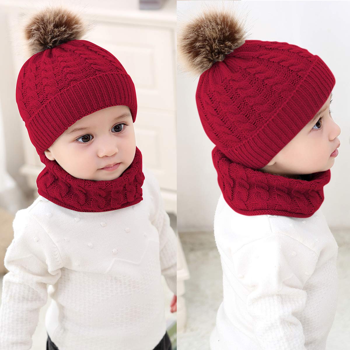 2PCS Toddler Baby Knit Hat and Scarf Set - Winter Warm Beanie Cap with Circle Loop Scarf Neck Warmer for Boys Girls - Perfect for Snow Play, Outdoor Activities & Christmas Photos