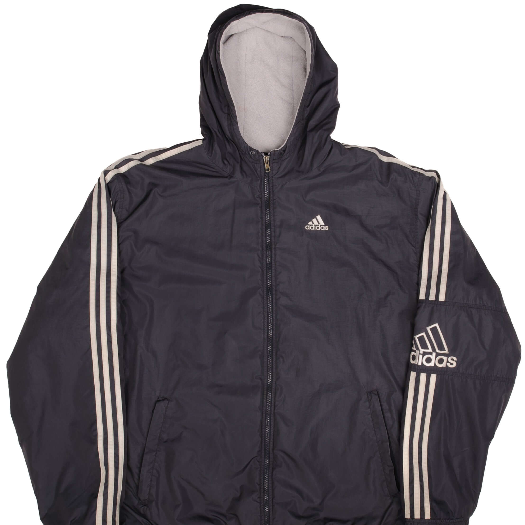 Vintage Adidas Dark Grey Nylon Heavy Windbreaker Hooded Jacket 2000s Size XL - Retro Athletic Outerwear for Men, Running & Casual Wear
