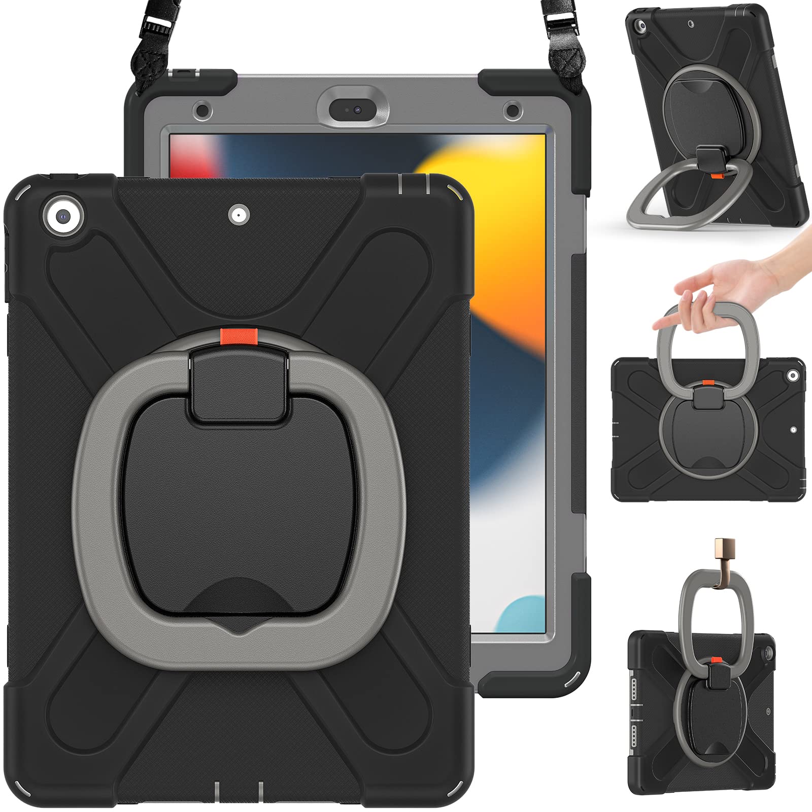 BRAECN Shockproof Kids Case for iPad 9th/8th/7th Generation 10.2 Inch - Protective Silicone Cover with Screen Protector, Handle Grip, Stand & Shoulder Strap | Includes Pencil Holder & Cap | Black & Grey | Perfect for School, Travel & Home Learning