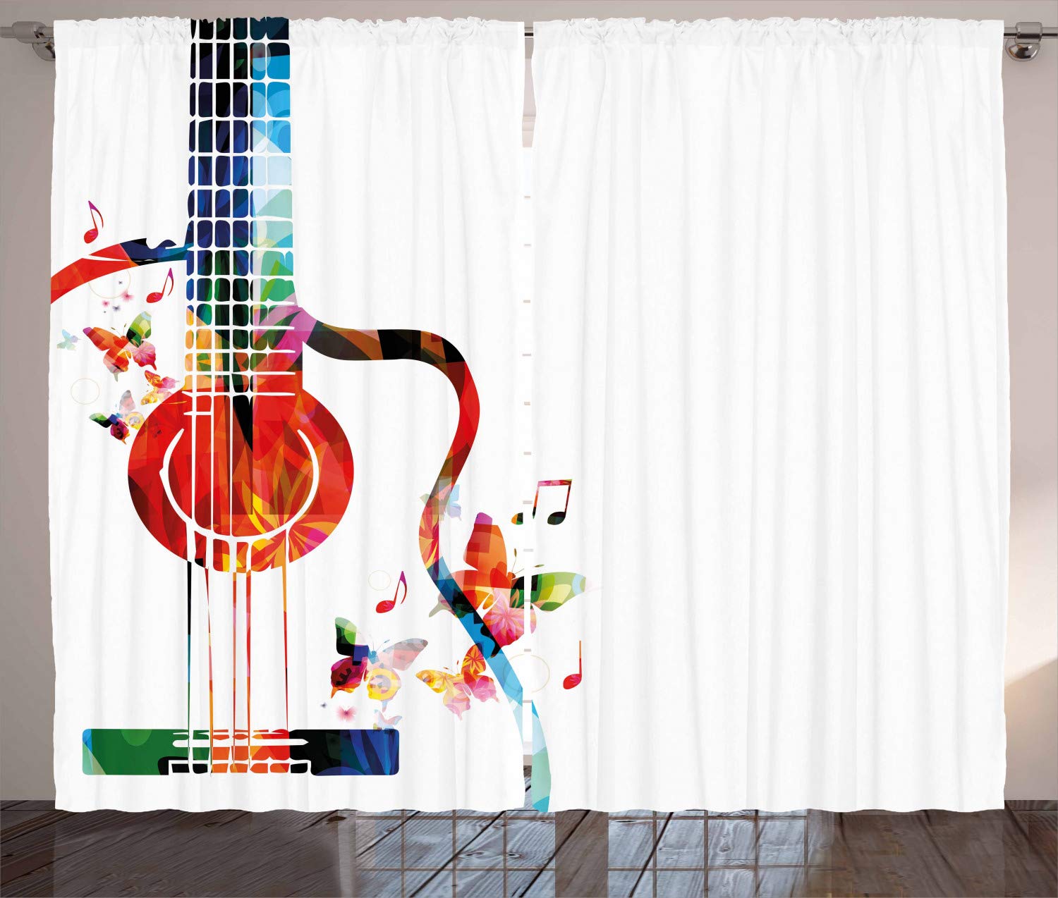 Ambesonne Guitar Print Curtains - Colorful Polygonal Musical Instrument & Butterfly Design, Nature Themed Window Drapes for Living Room & Bedroom, 108