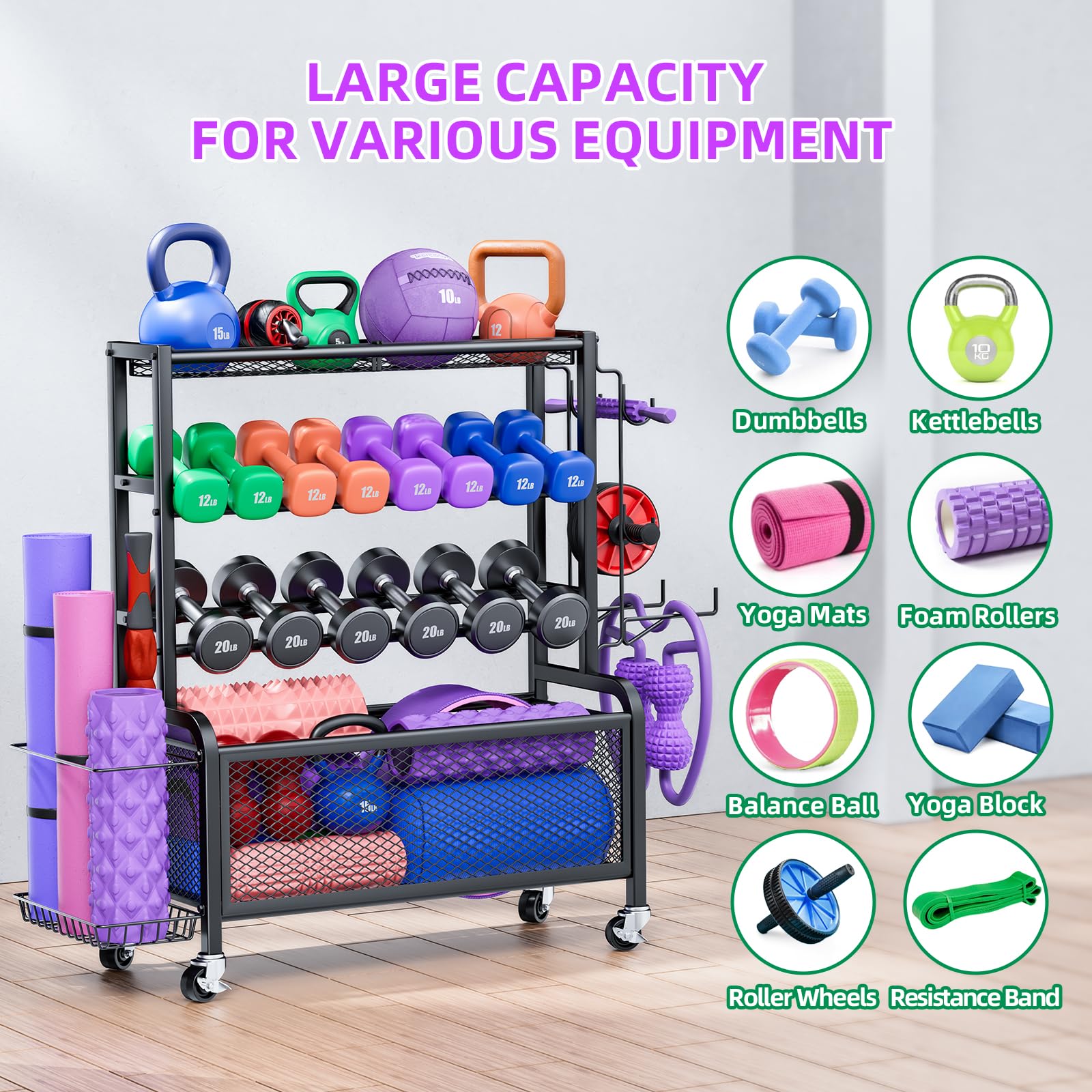Dumbbell Rack with Wheels - All-in-One Home Gym Storage for Dumbbells, Kettlebells, Yoga Mats & Exercise Balls | Space-Saving Workout Equipment Organizer for Home & Garage Gym