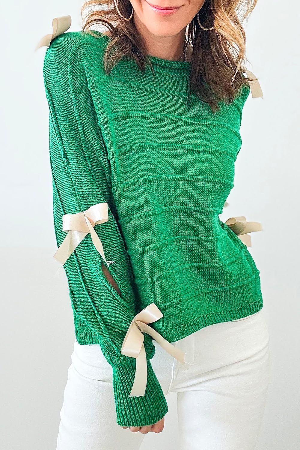 MARZXIN Women's 2024 Bright Green Bow Knot Cut Out Round Neck Loose Sweater Casual Pullover Top | Trendy Spring Fashion for Work, Dating & Weekend Outfits