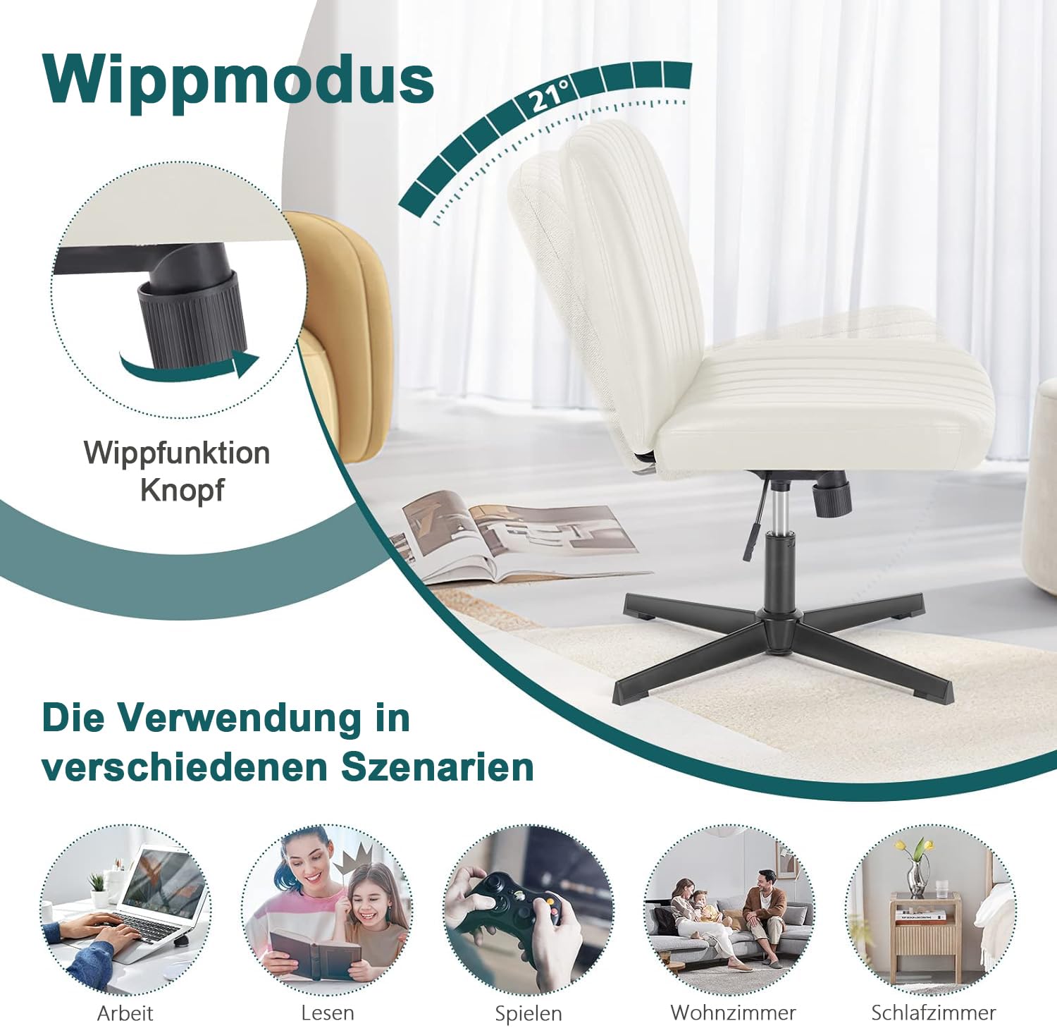 DUMOS Cross Legged Office Chair - Armless Wide Home Desk Seat No Wheels, Modern Swivel Adjustable Fabric Chair for Bedroom, Living Room & Office - Comfortable Vanity Seating for Work, Relaxation & Meditation