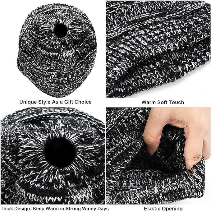 Soft Stretch Cable Knit Beanie Hat for Women & Girls - Warm Winter Ponytail Cap with Messy High Bun Hole - Cozy & Stylish for Outdoor Activities, Snow Days & Casual Wear