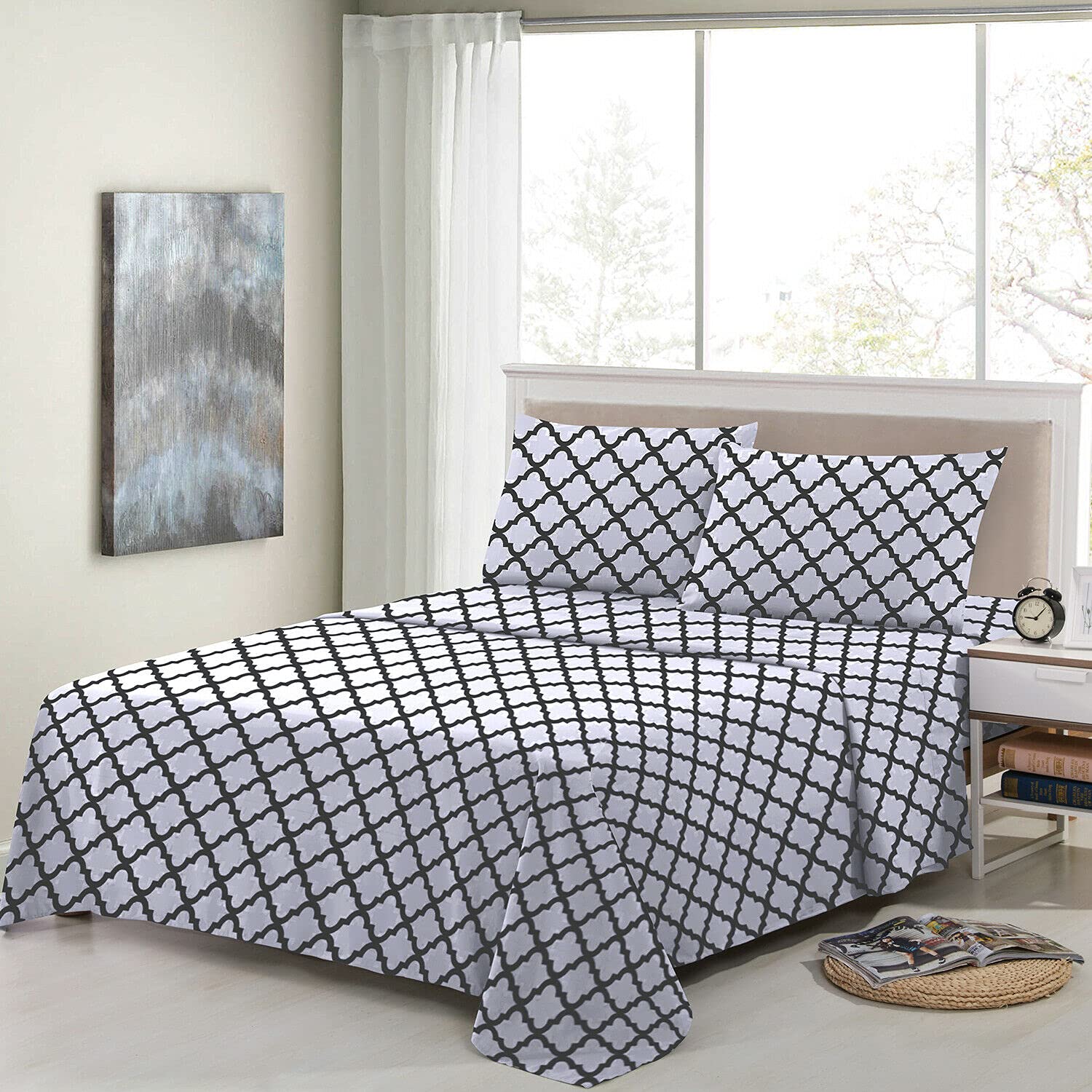 Premium 1800 Thread Count Egyptian Comfort Microfiber 4-Piece Bed Sheet Set - Twin Size, White & Grey, 14