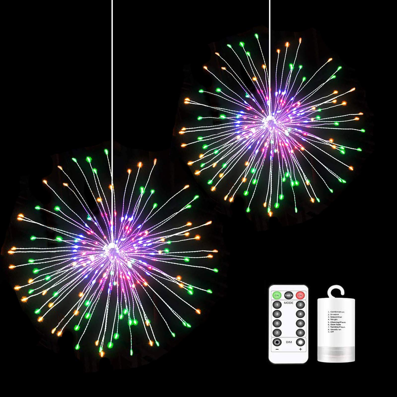 2 Pack 198 LED Fireworks Lights - Battery Operated Hanging Starburst Fairy String Lights with Remote Control for Christmas Decorations, Wedding Party, Indoor & Outdoor Use (Multicolor: Red, Yellow, Blue, Green) - Perfect for Bedroom, Garden, Patio and Holiday Lighting