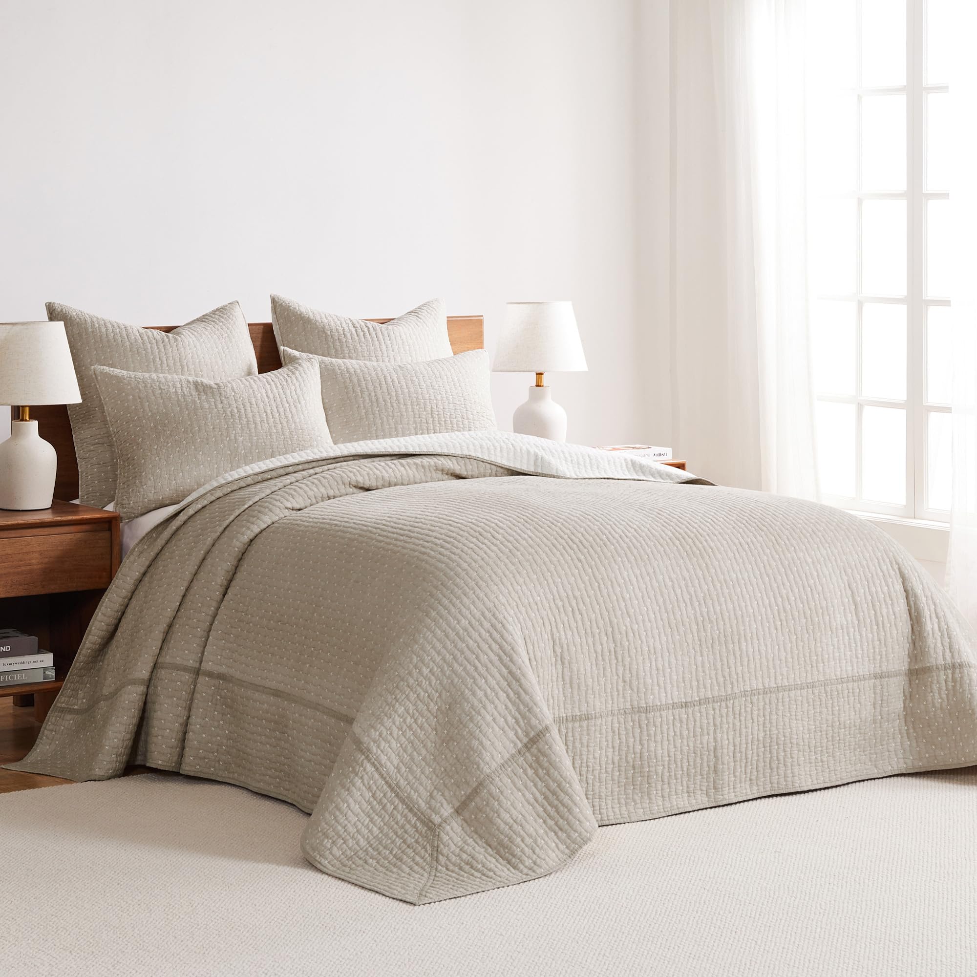 Levtex Home King Size Taupe Cross Stitch Quilted Bedspread Set with 2 Shams - 120x104 Inch Bedspread & 20x36 Inch Shams - Soft Cotton Bedding for Cozy Bedroom Decor - Perfect for Master Bedrooms, Guest Rooms & Farmhouse Style Homes