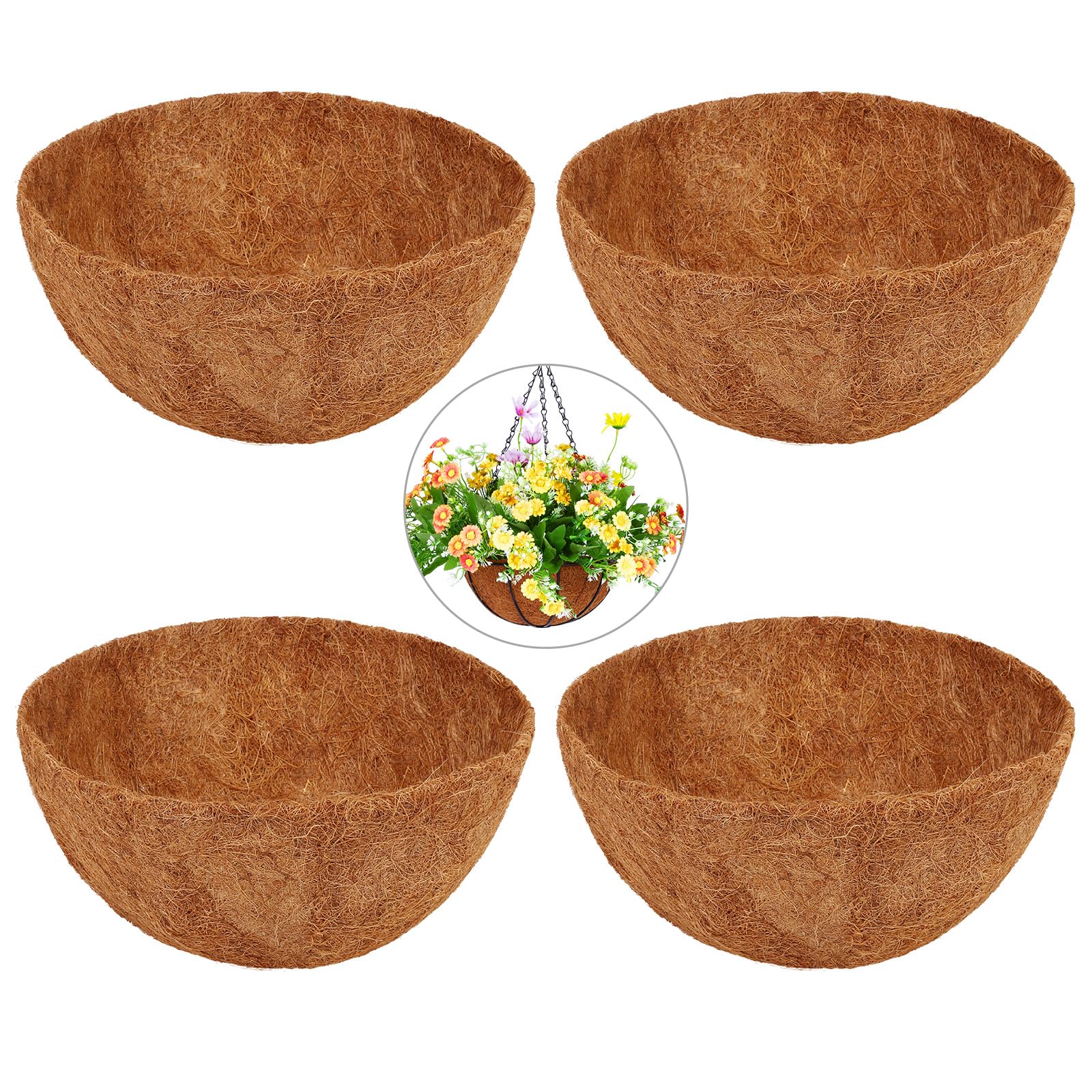 4 Pack 14 Inch Coconut Fiber Planter Liners - Natural Coco Coir Hanging Basket Liners for Wire Baskets, Flower Pots & Plant Containers - Perfect for Indoor/Outdoor Gardening, Vertical Gardens & Balcony Decor