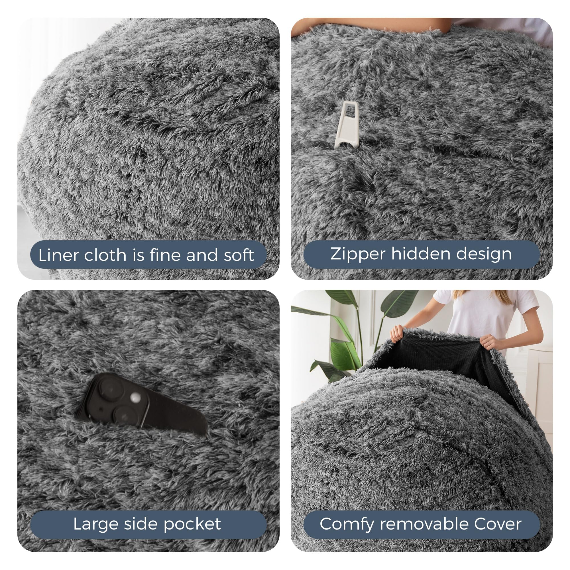 MAXYOYO Giant Faux Fur Bean Bag Chair - Convertible Lazy Chair to Floor Mattress Bed for Adults & Teens - Soft Black Oversized Beanbag for Living Room, Bedroom & Dorm - Perfect for Lounging, Gaming & Sleepovers