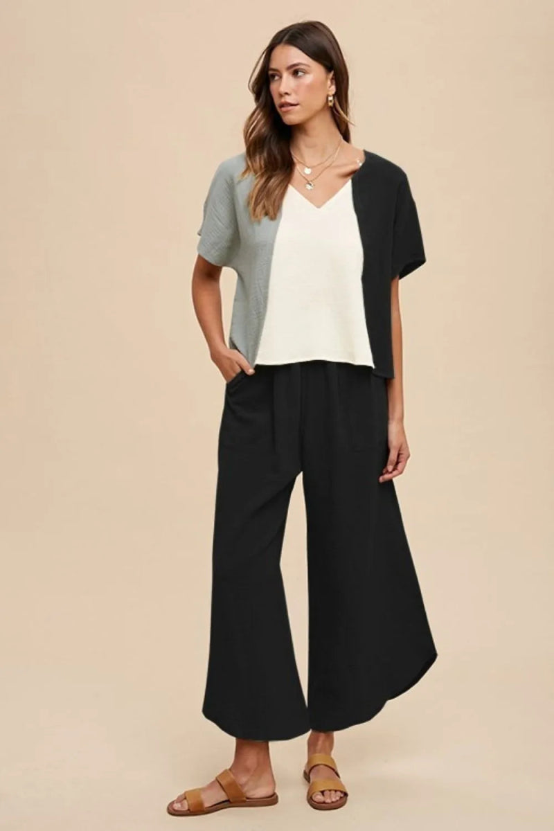 Annie Wear Women's Color Block Cotton Gauze V-Neck Top - Breathable Summer Blouse for Casual Outings & Beach Vacations