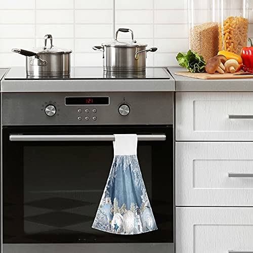 Silver Christmas Snowflake Kitchen Hand Towels - 2 Pack Super Absorbent Winter Blue Hanging Oven Towels with Loop | Dishcloth, Tea Towel & Bar Mop for Bathroom, Tabletop & Holiday Decor