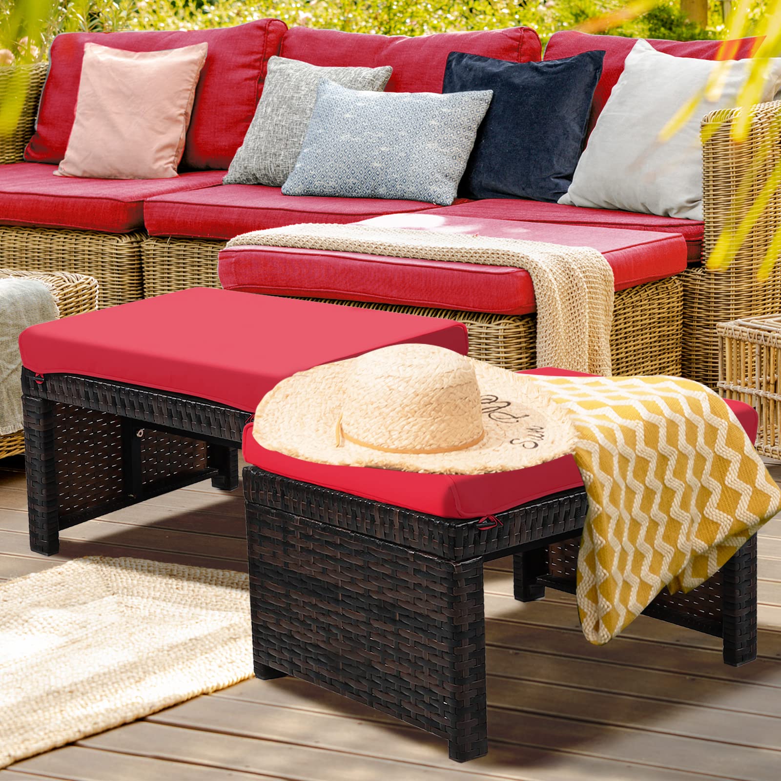 HAPPYGRILL 2-Piece Outdoor Wicker Ottomans with Cushions - Patio Rattan Footstool, Solid Steel Frame - Multifunctional Ottoman Set for Poolside, Backyard, Balcony & Garden Relaxation