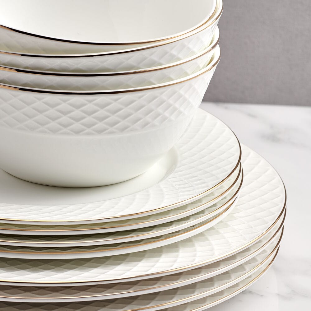 Trellis Gold 12-Piece Dinnerware Set - Service for 4 - Elegant Tableware for Fine Dining, Dinner Parties & Special Occasions