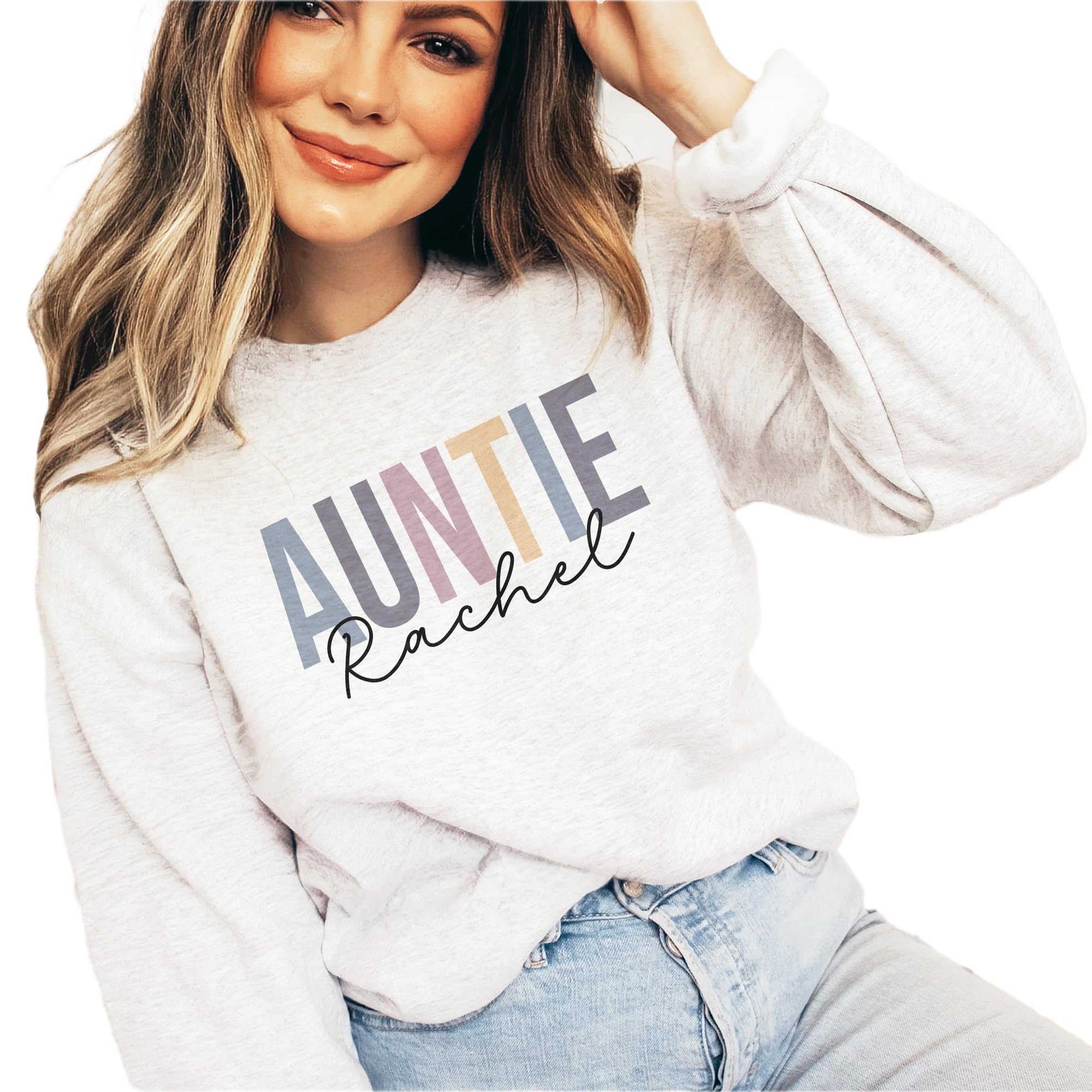 Custom Auntie Name Sweatshirt - Personalized Gift for New Aunt, Sister Pregnancy Reveal, Christmas Present - Unisex Crewneck Sweater for Family Celebrations & Cozy Everyday Wear