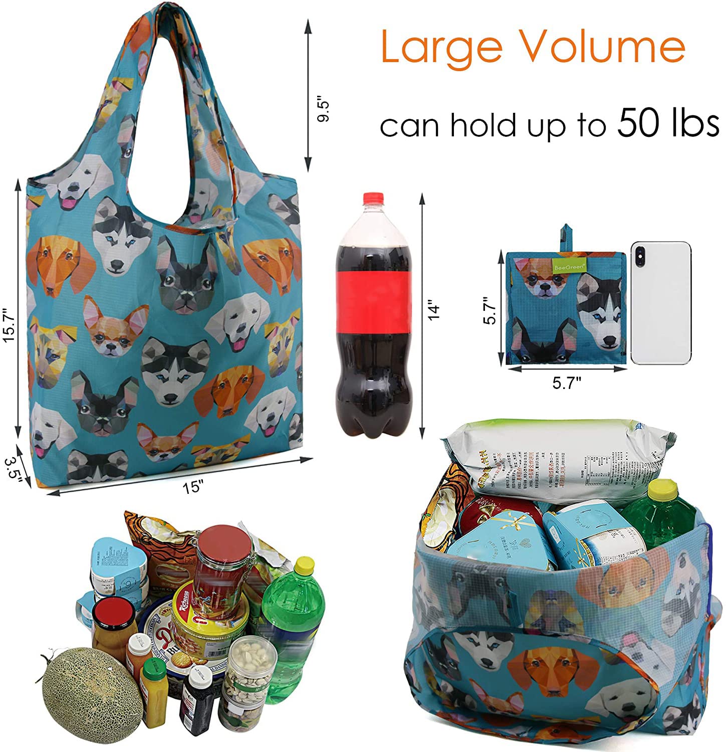 BeeGreen 6 Pack Reusable Foldable Shopping Bags - Large Heavy Duty Polyester Grocery Tote Bags with Handles, Cute Holiday Gift Bags for Groceries, Travel, Picnics & Beach Trips