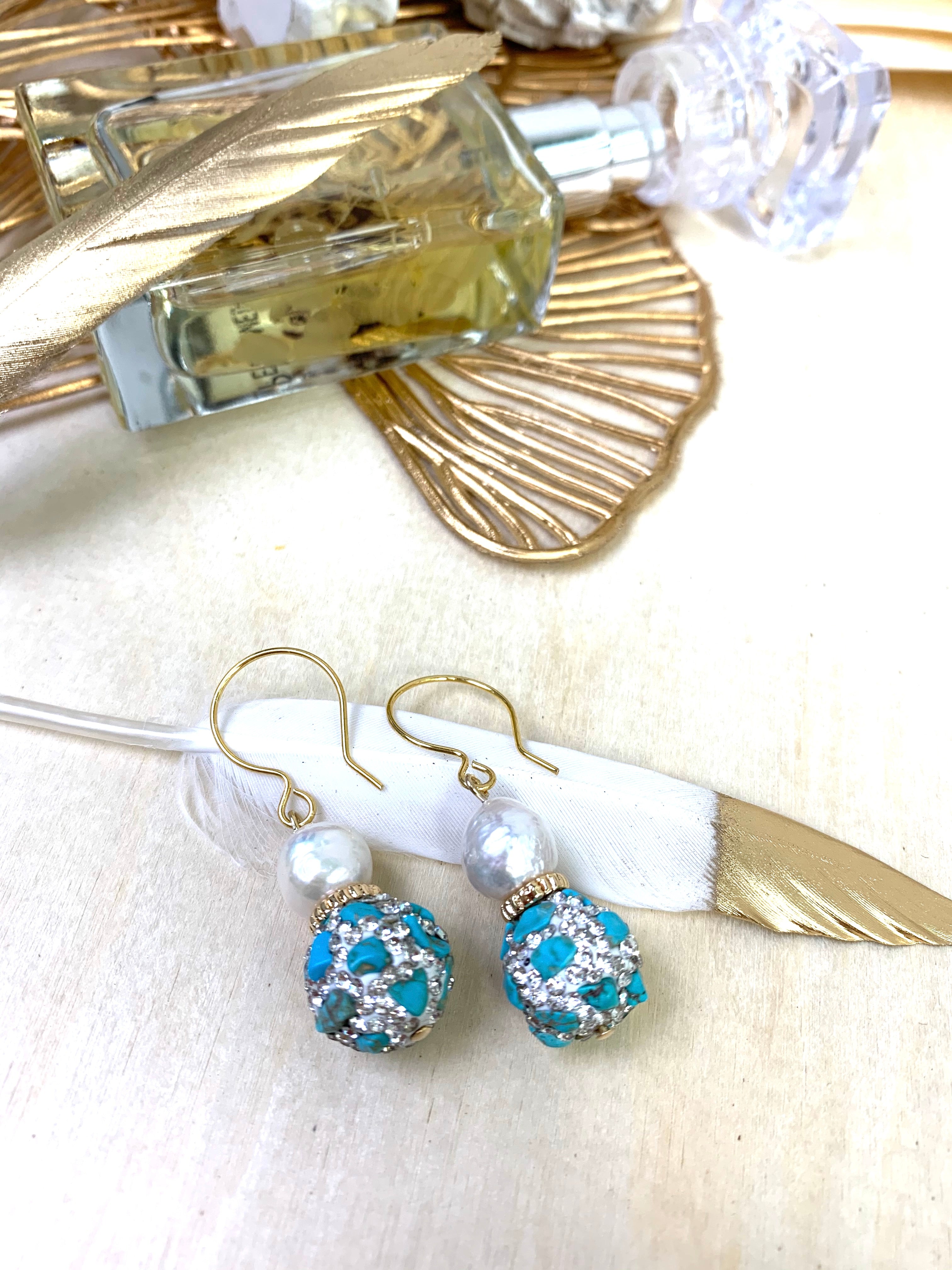 Elegant Freshwater Pearl & Rhinestone Turquoise Dangle Earrings EE007 - Perfect for Weddings, Parties & Special Occasions