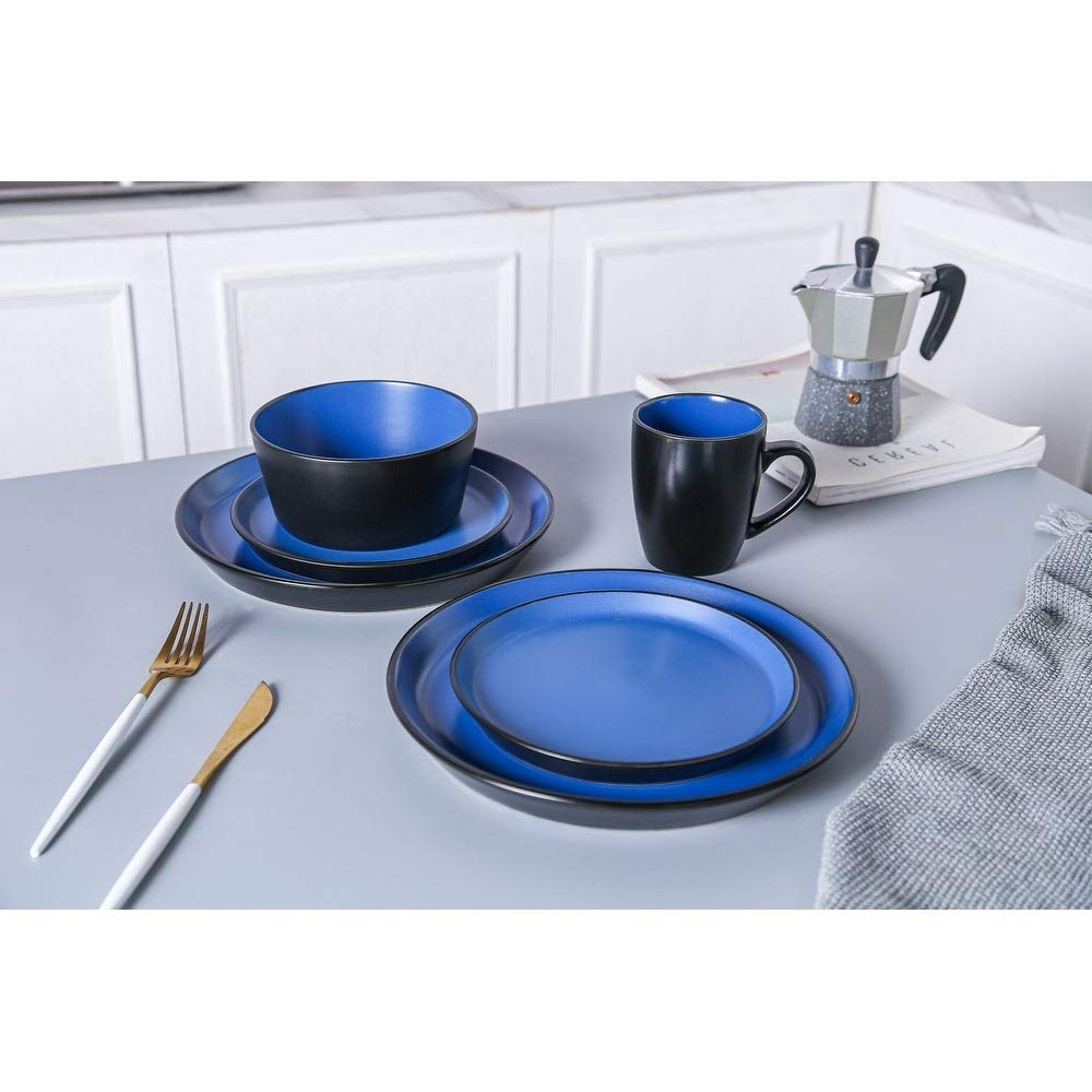 32-Piece Round Blue & Black Stoneware Dinnerware Set - Premium Heavy-Duty Material, 100% Dishwasher & Microwave Safe, Artfully Designed Plates, Bowls & Cups | Perfect for Everyday Dining, Dinner Parties & Restaurant Use