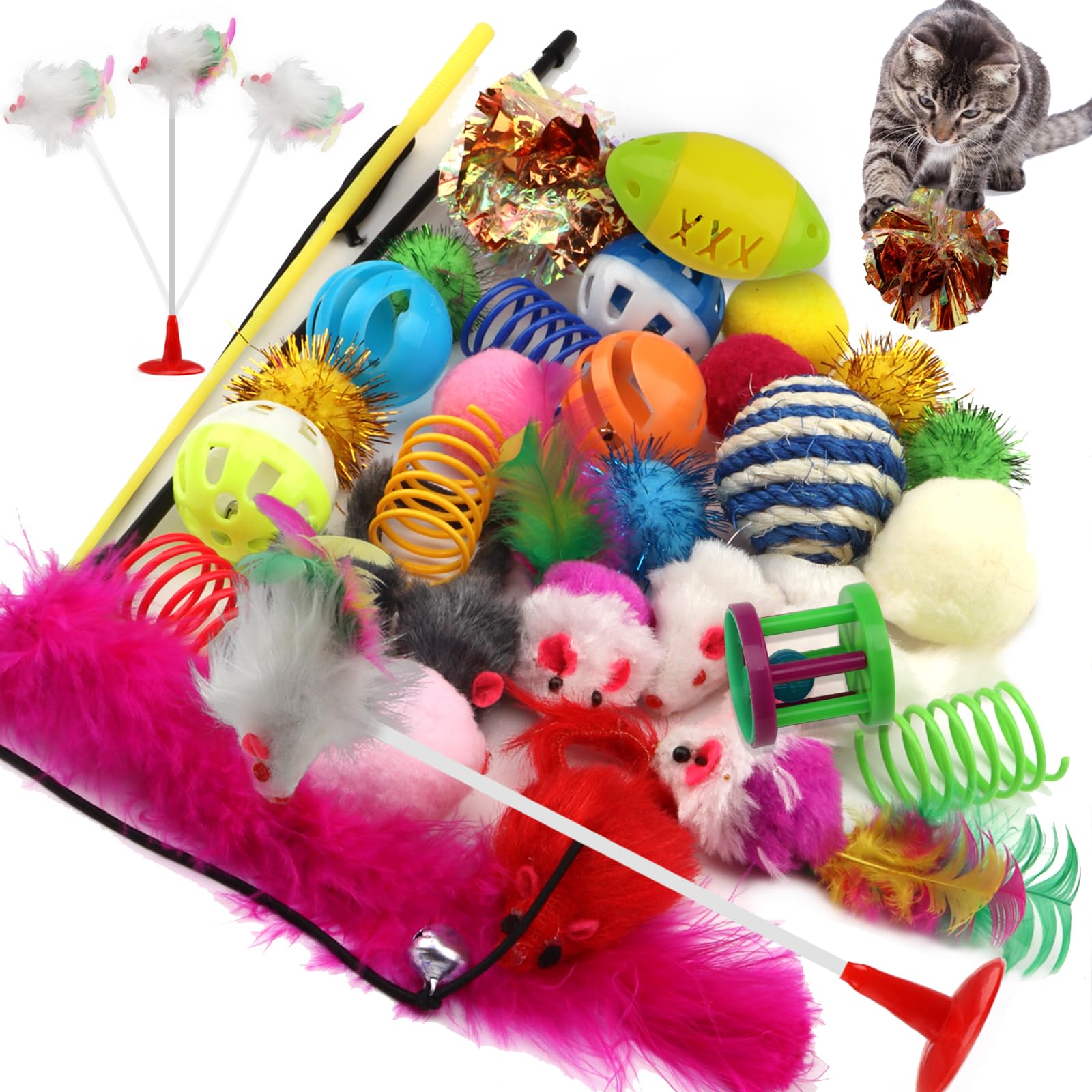 QUOZUO 32-Pack Cat Toys Variety Set - Jingle Balls, Feather Wands, Crinkle Mice & Catnip Toys for Indoor Cats & Kittens - Perfect for Playtime, Training & Bonding with Your Feline Friend