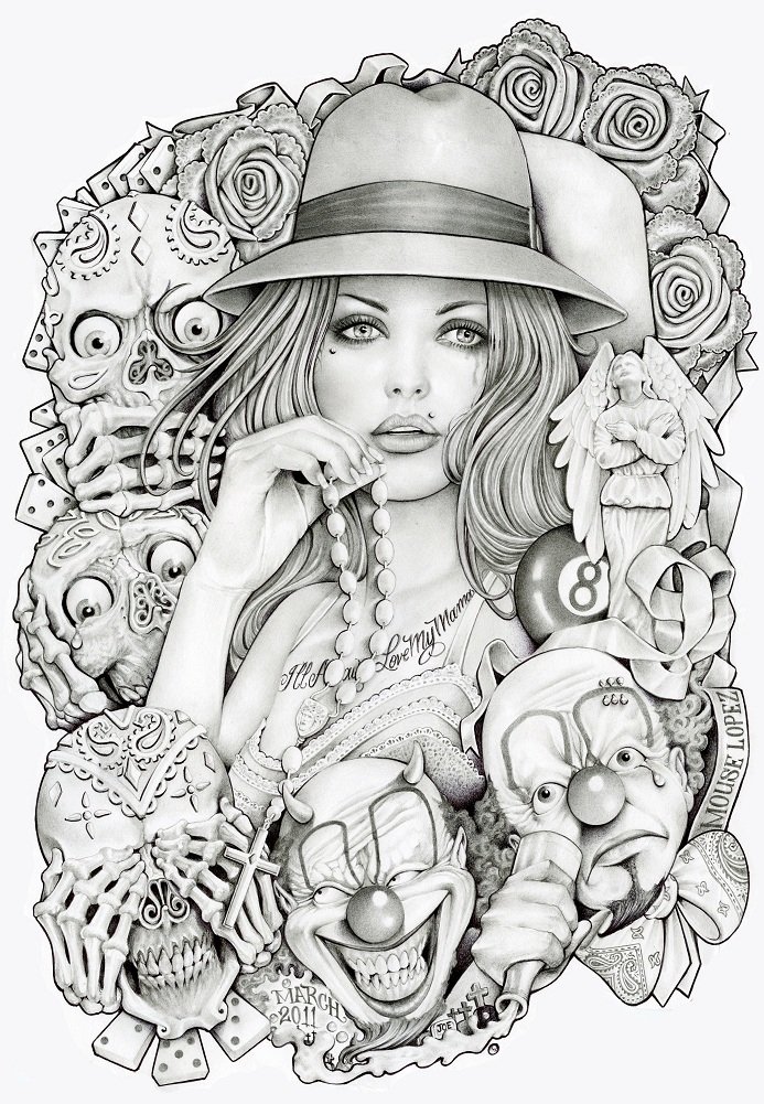 Vintage Mexican Girl Tattoo Art Print - Old School Girl by Mouse Lopez - Black & White Canvas Wall Decor for Home, Office & Tattoo Shop Decor