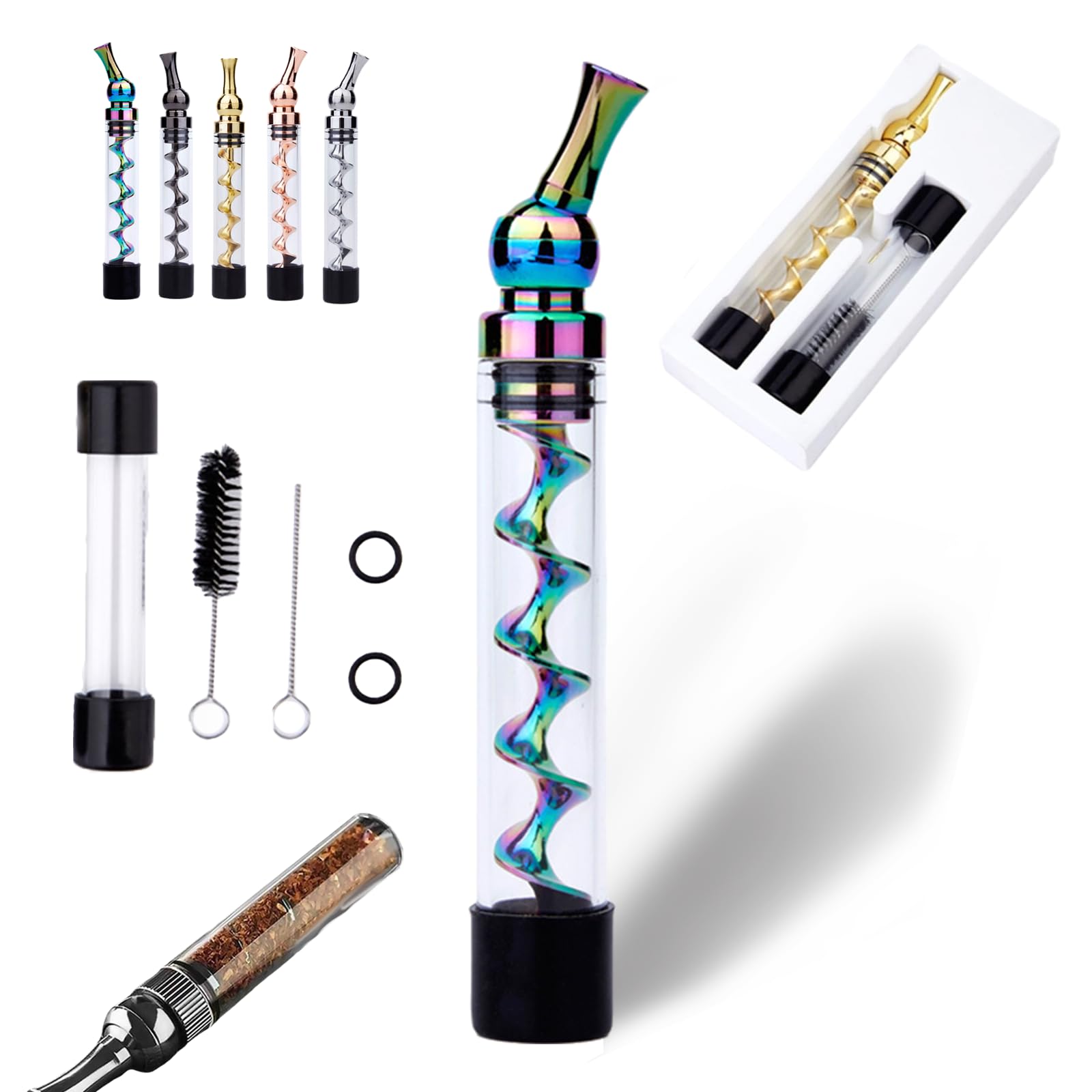 Colorful Twisted Glass Blunt Pipe with Swivel Head & Built-in Grinder - Portable, Easy-to-Clean Adjustable Chamber Glass Pipe for Smoking Herbs - Perfect for Travel, Camping & Outdoor Activities