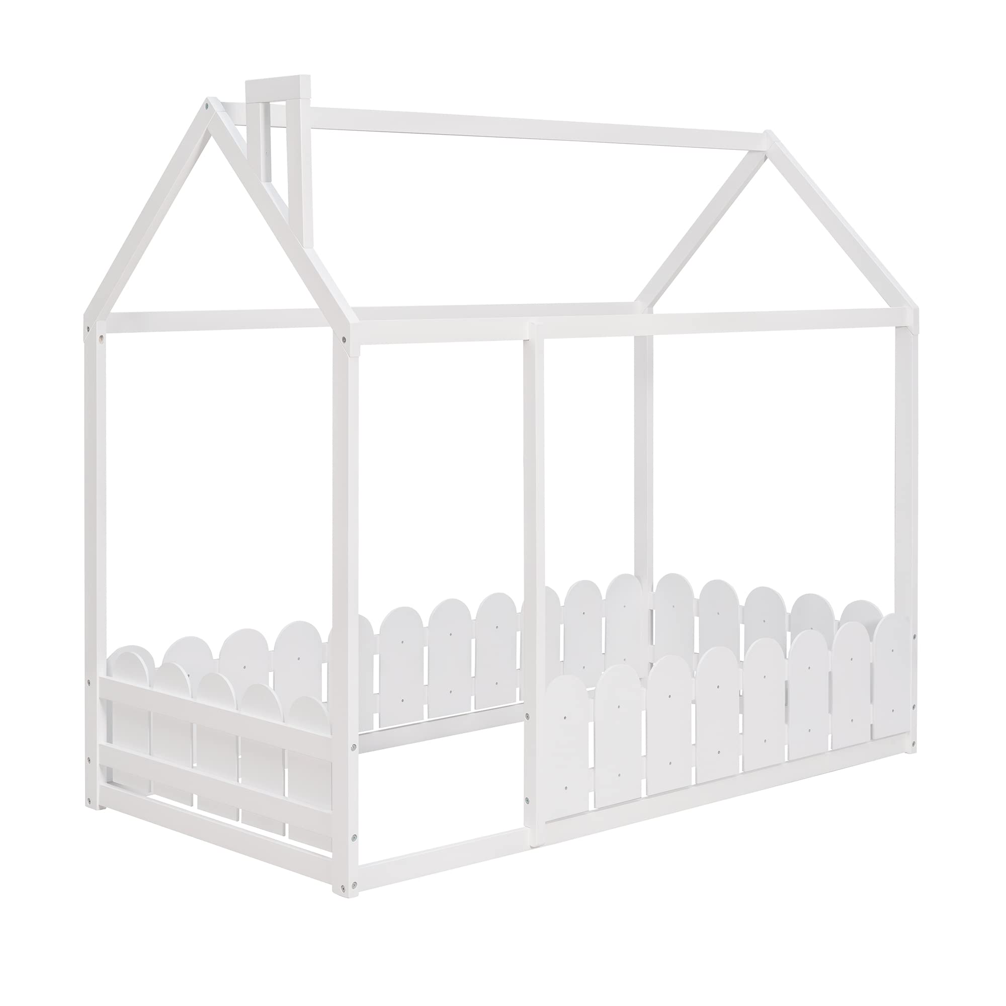 LZ LEISURE ZONE Twin House Bed Frame - Wooden Low Profile Floor Bed with Roof & Fence - White Twin Size Kids Bed for Playroom, Nursery or Bedroom - Perfect Montessori Style Toddler Bed for Safe Sleep & Play