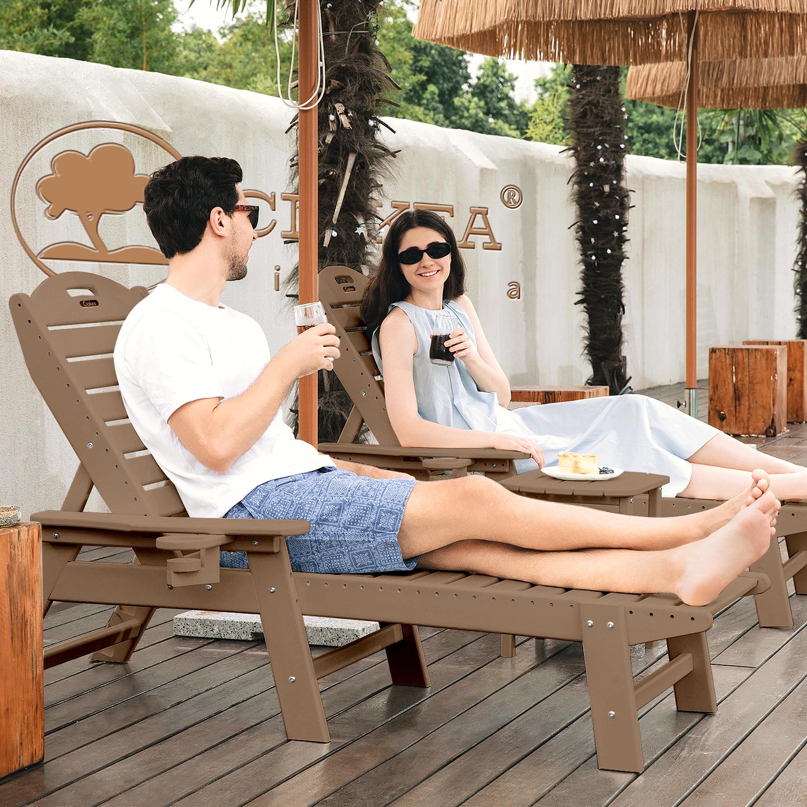Outdoor Chaise Lounge Chair - 6-Position Adjustable HDPE Patio Lounge with Cup Holder for Poolside, Deck, Backyard & Lawn - Durable Teak Wood Design