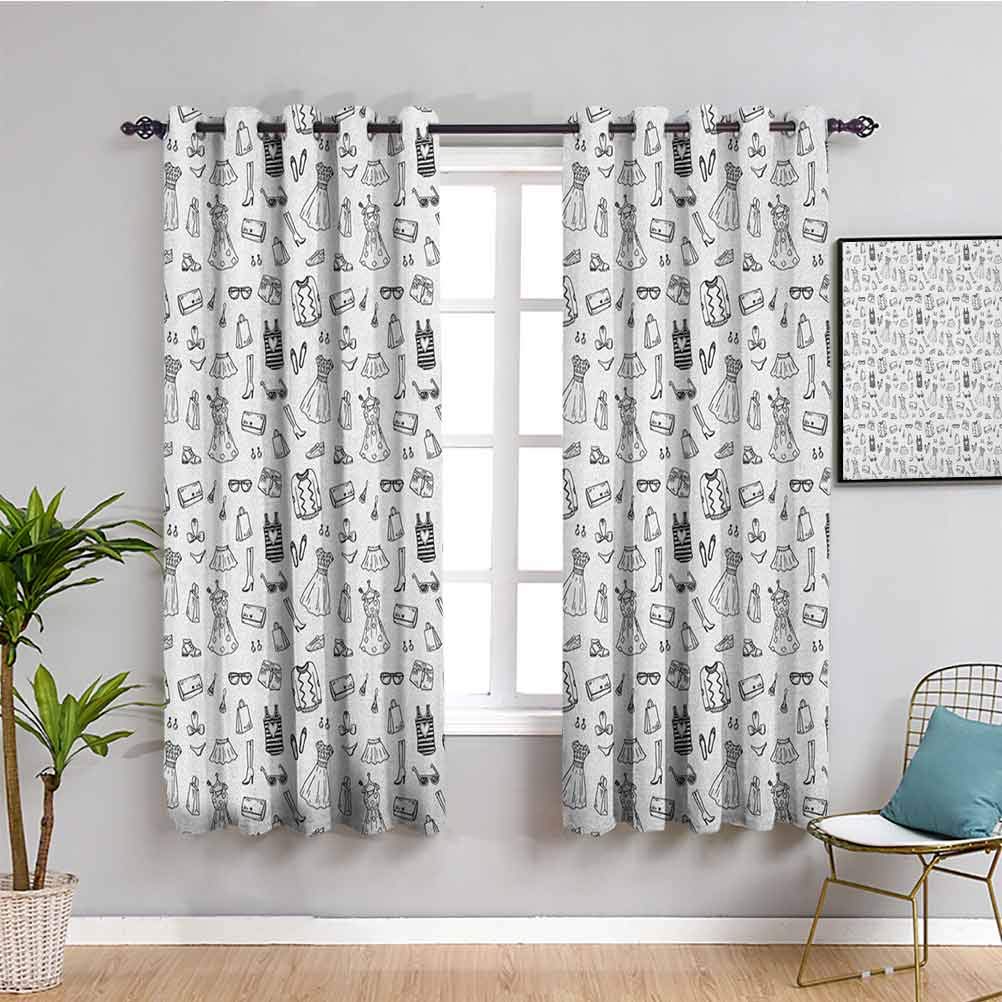 Blackout Curtains 45 Inch Length - Fashion Themed Sketch Cartoon Doodle Pattern for Women's Heels & Dresses - 2 Panel Set (W63 x L45 Inch) | Room Darkening & Insulating Window Treatments for Bedroom, Living Room & Nursery