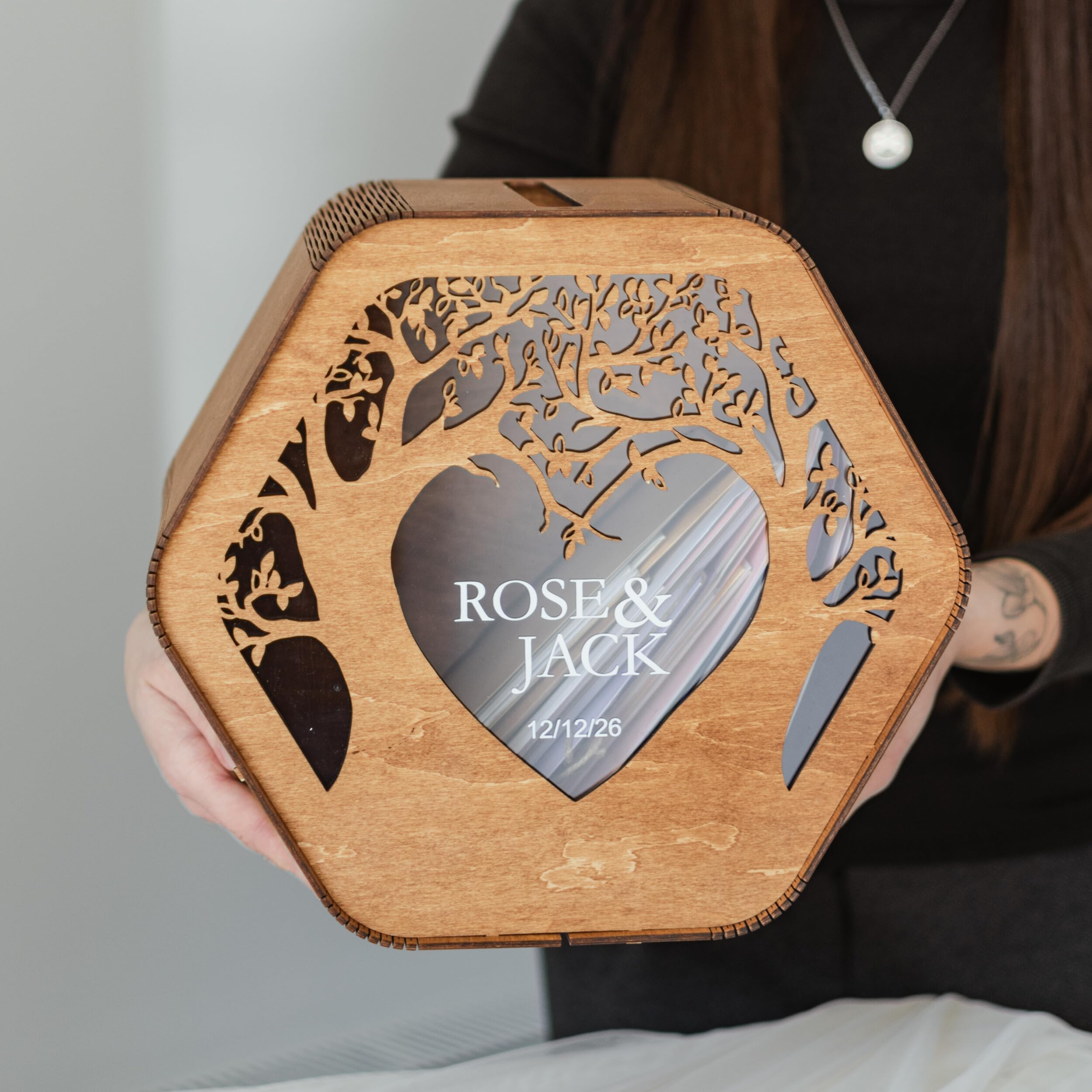 Personalized Wooden Wedding Card Box - Custom Rustic Money & Card Holder with Tree Design - Elegant Bridal Shower, Birthday Gift Box - Perfect for Wedding Reception, Anniversary & Special Events