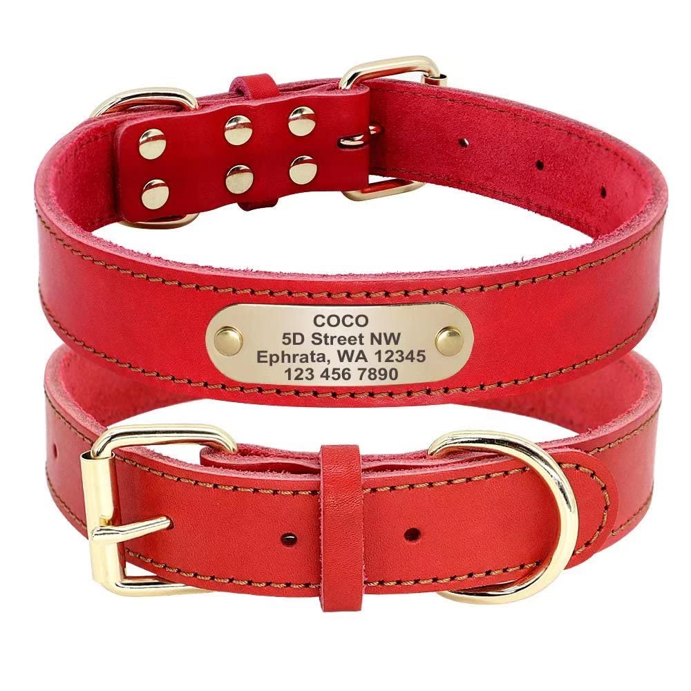 Beirui Genuine Leather Personalized Dog Collar - Heavy Duty Soft Custom Engraved Nameplate Collar for Small & Medium Dogs (Red, XS 3/4