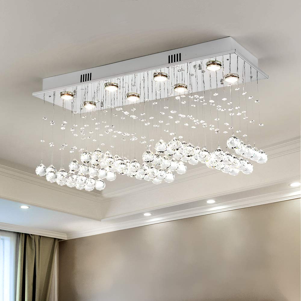 Maxax 8-Light Rectangle Crystal Raindrop Chandelier - Modern Flush Mount Ceiling Light Fixture with K9 Clear Crystals for Living Room, Bedroom, Dining Room & Kitchen Island - Elegant Home Lighting for Weddings, Restaurants and Luxury Spaces