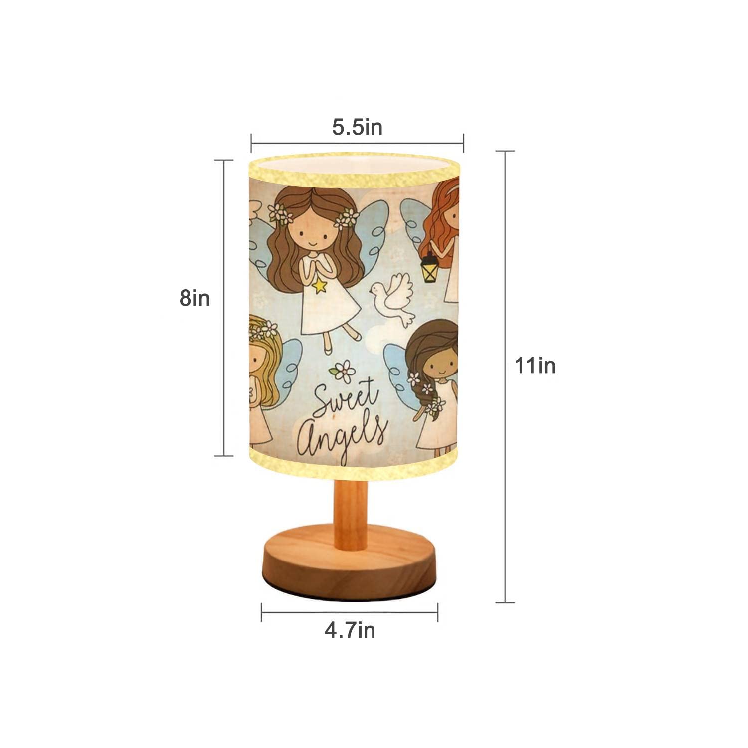 Minimalist Wood Nightstand Lamp with White Dress Angel & Cloud Design - Flaxen Fabric Shade for Bedroom, Living Room - Perfect for Cozy Reading Nook & Nursery Decor